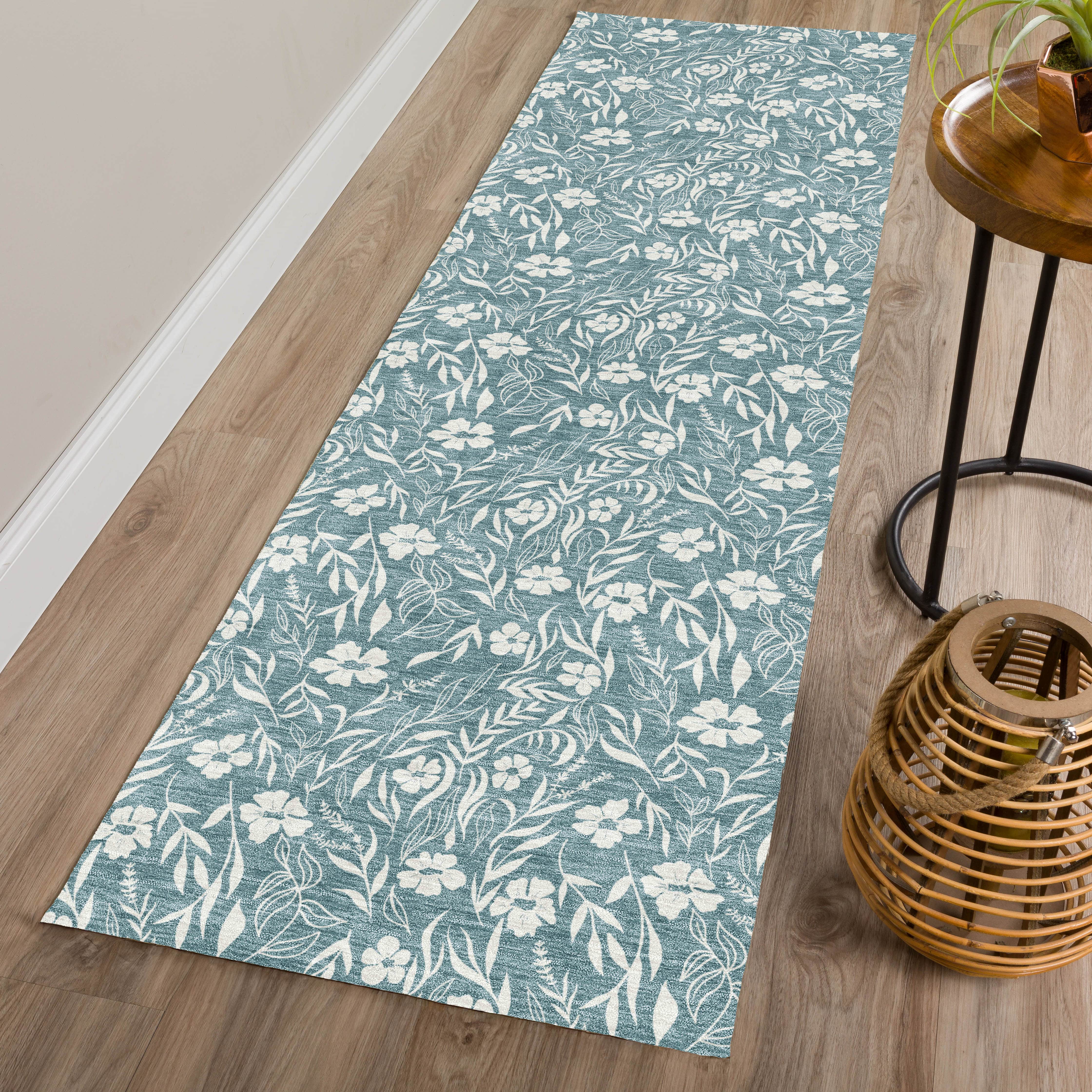 Luxury Washable Indoor/Outdoor Transitional SE4 Teal Rug 2'3" x 7'6" #shape_Runner