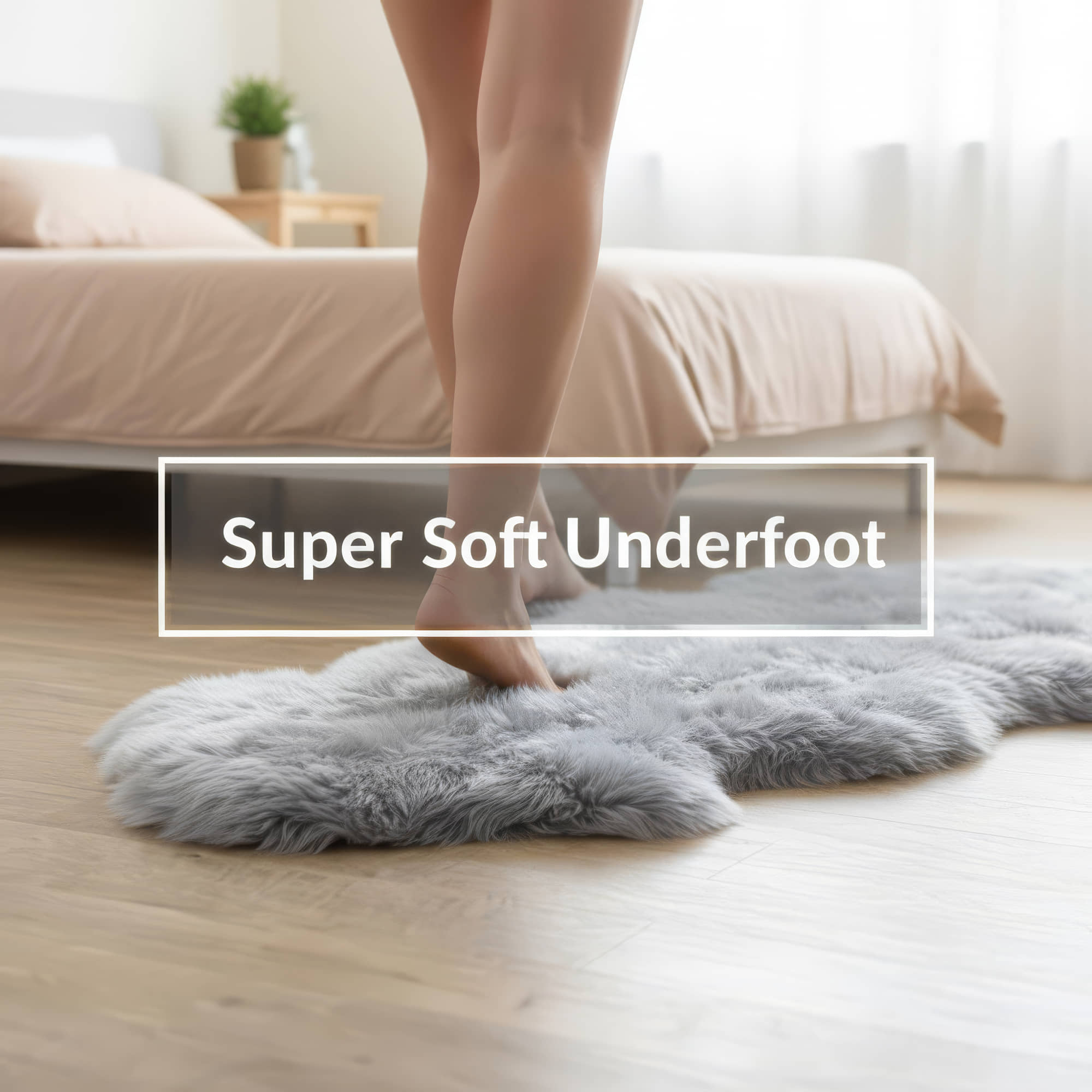 Person stepping onto a fluffy rug with 'Super Soft Underfoot' text overlay in a bedroom setting.