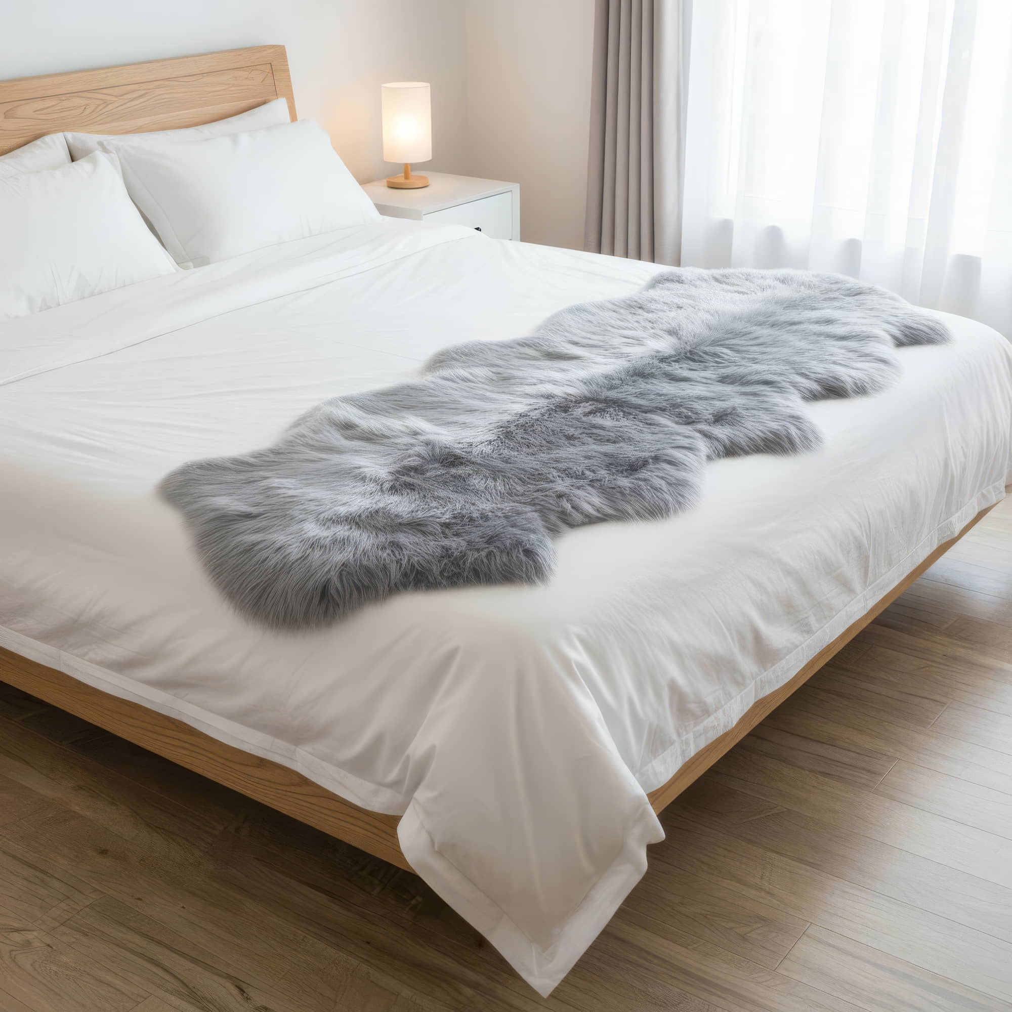 Bed with white bedding and a gray fur throw in a bedroom setting #size_2' x 6'