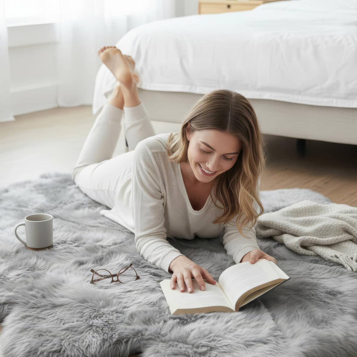 Silver gray sheepskin rug spanning the foot of an oak platform bed in a bright bedroom #size_Octo (8-Pelt) 6×7 ft