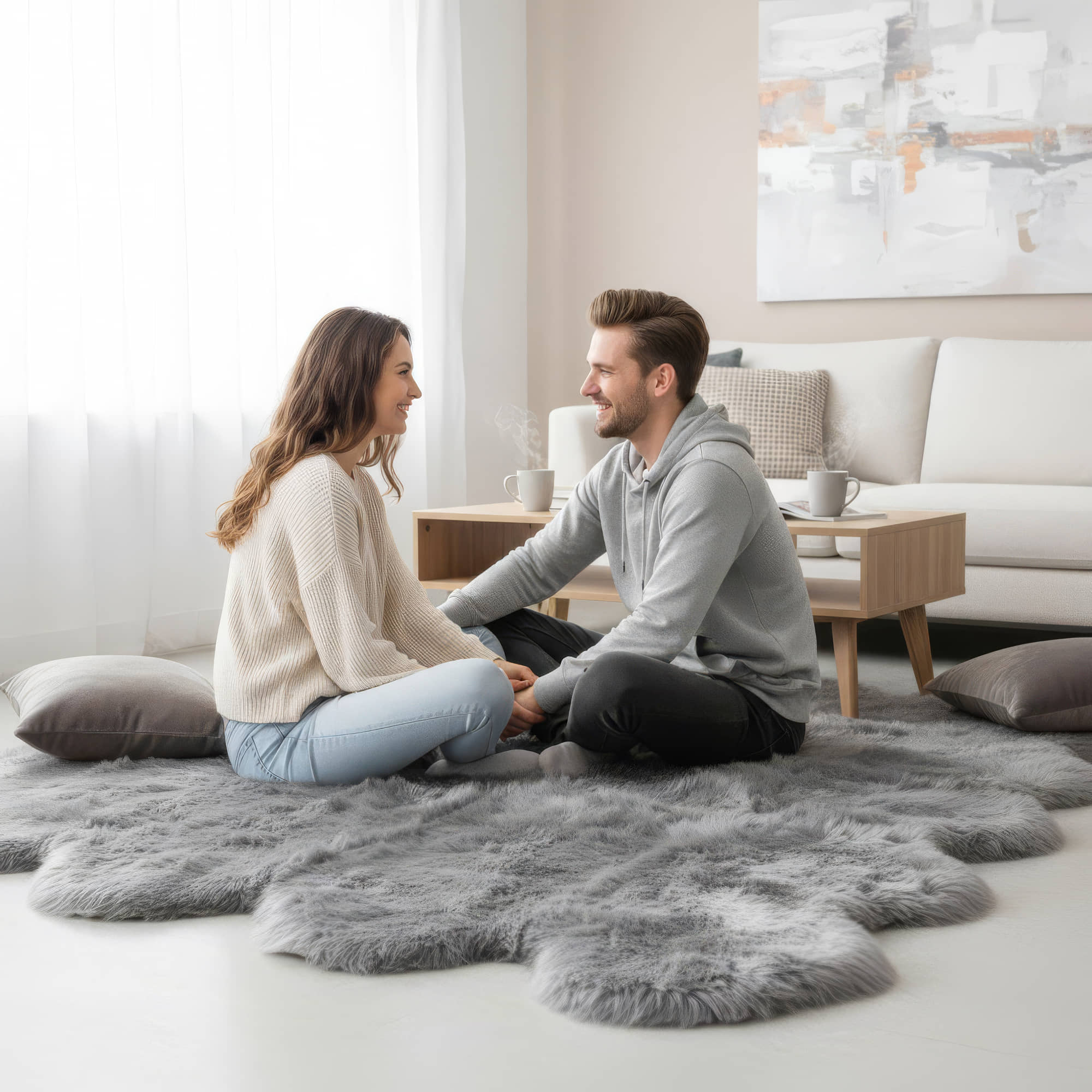 Man and woman sitting on a gray fur rug in a modern living room. #size_6' x 7'