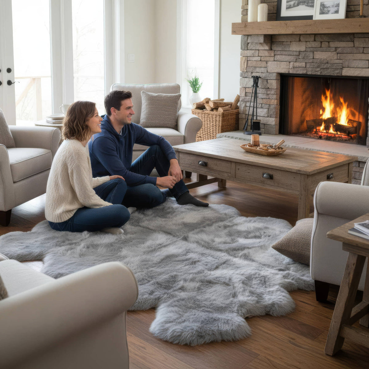 Couple sitting on a silver gray sheepskin rug in front of a stone fireplace #size_Octo (8-Pelt) 6×7 ft