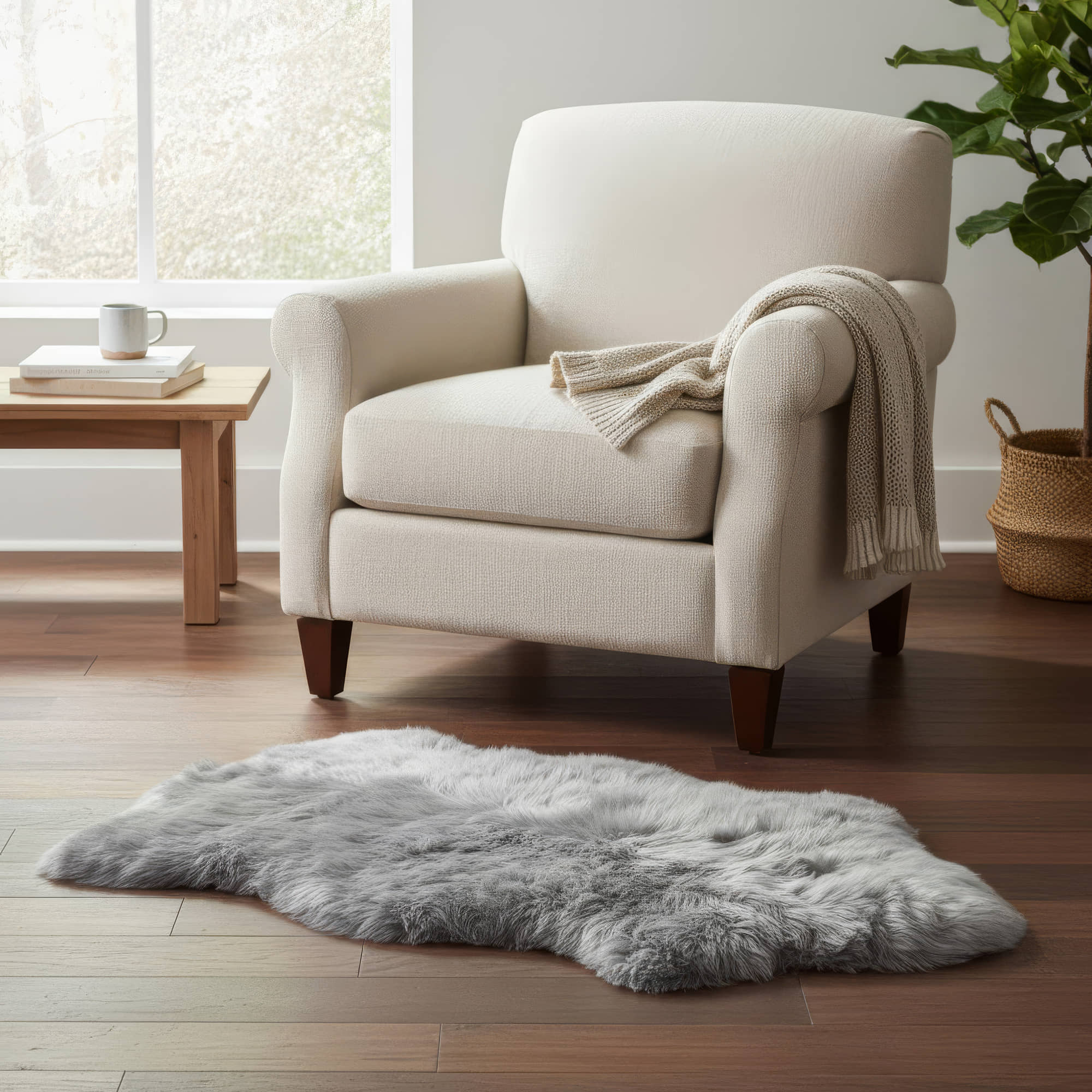 Beige armchair with a blanket in a room with a rug and a plant. #size_2' x 3'