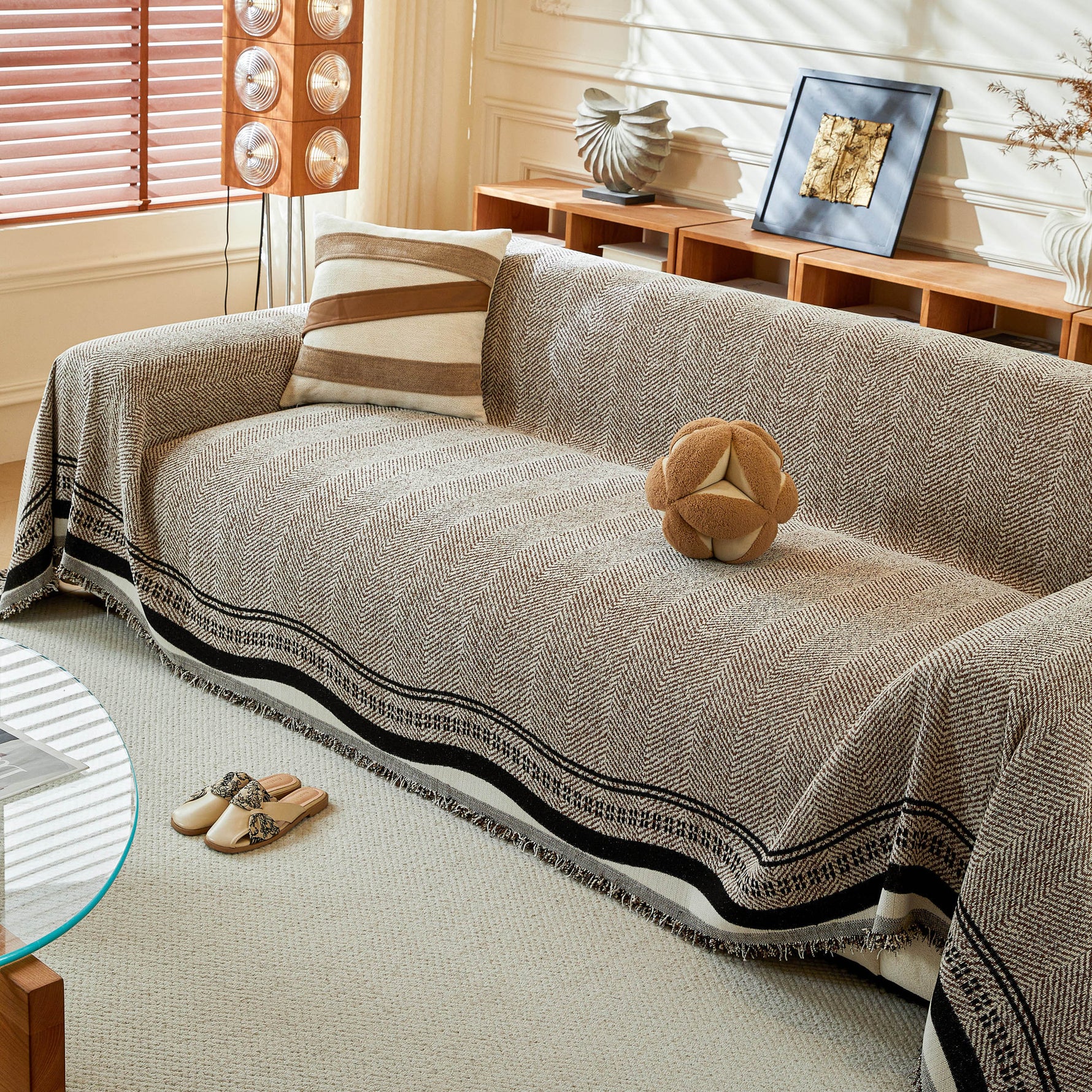 Reversible Herringbone Sofa Cover, 2-in-1 Classic British Throw Blanket for Couch