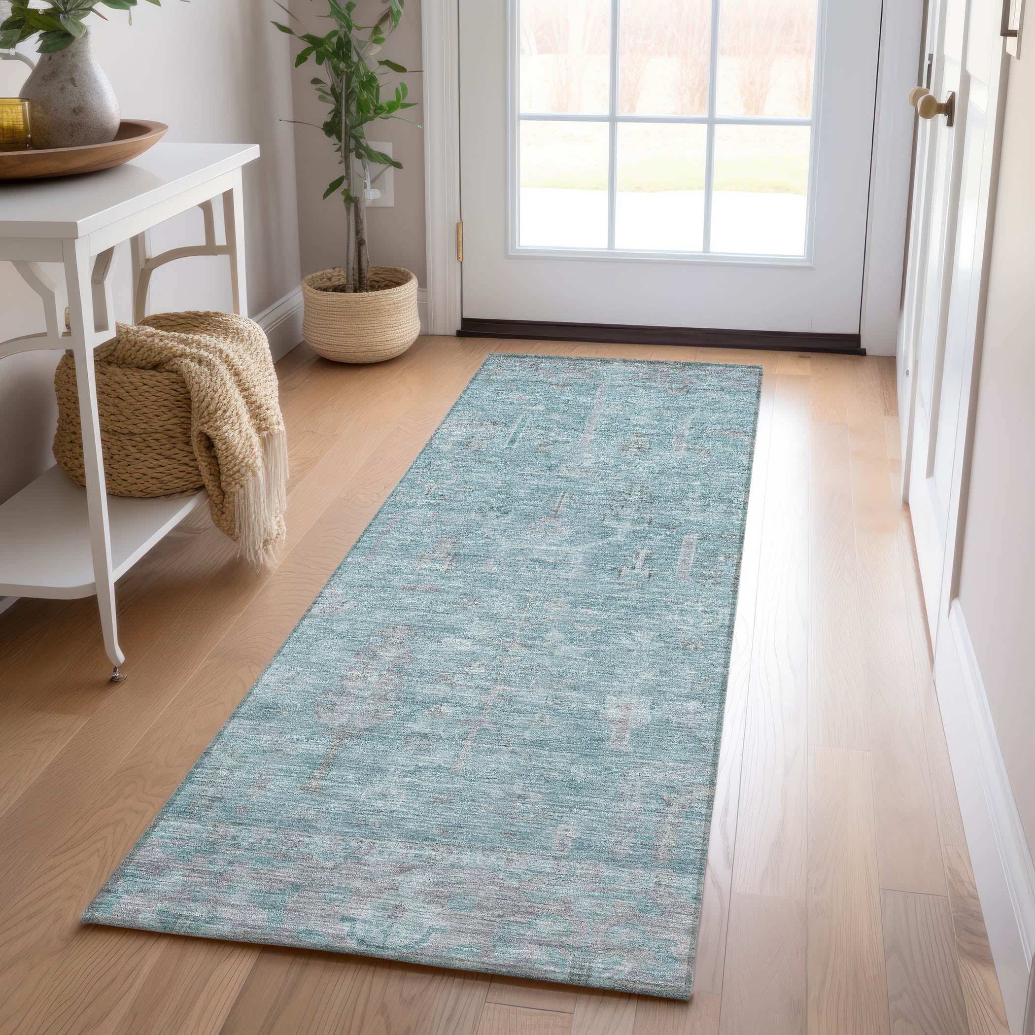 Luxury Washable Indoor/Outdoor traditional SL11 Aqua Teal Rug 2'3" x 7'6" #shape_Runner