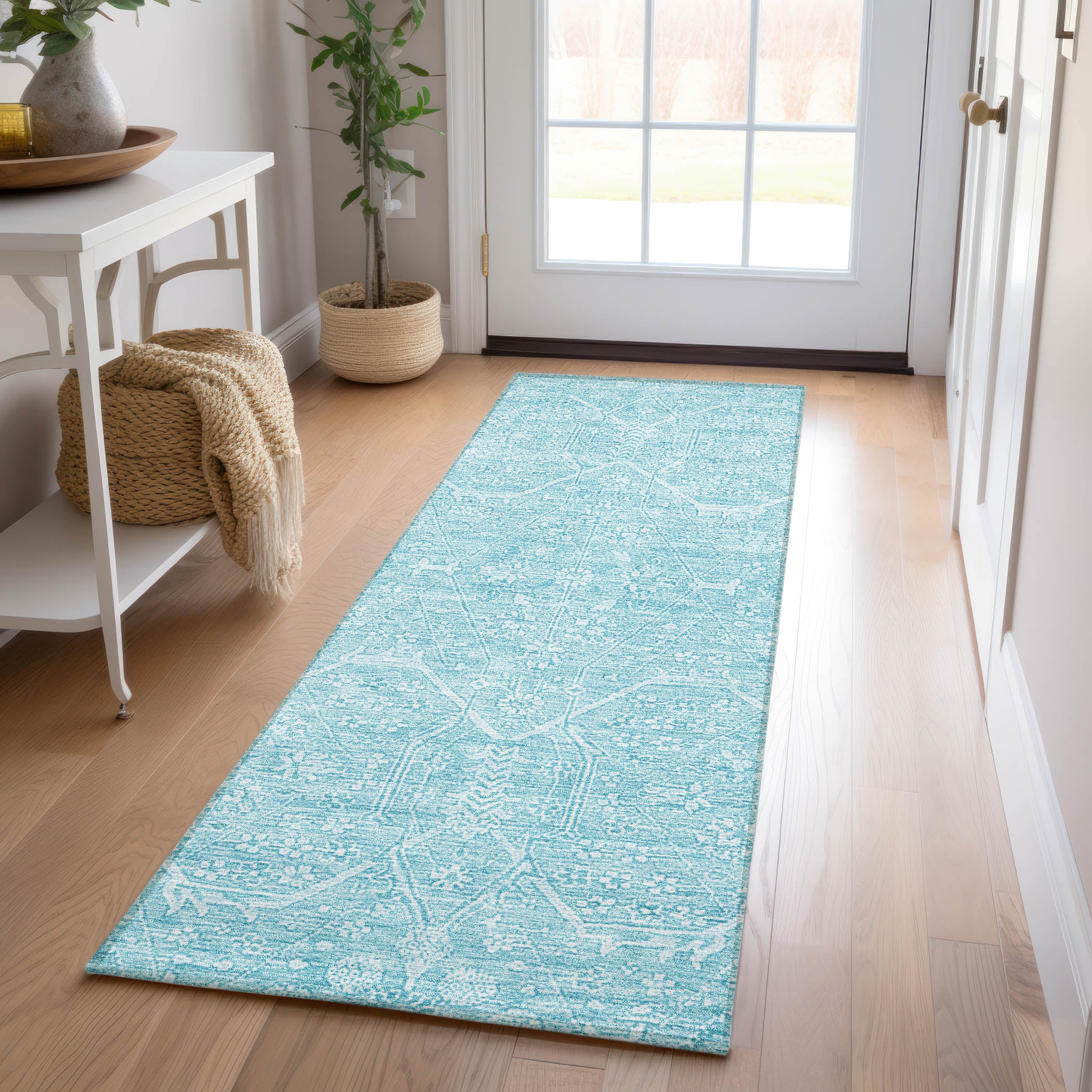 Luxury Washable Indoor/Outdoor transitional SL12 Sky Blue Rug 2'3" x 7'6" #shape_Runner