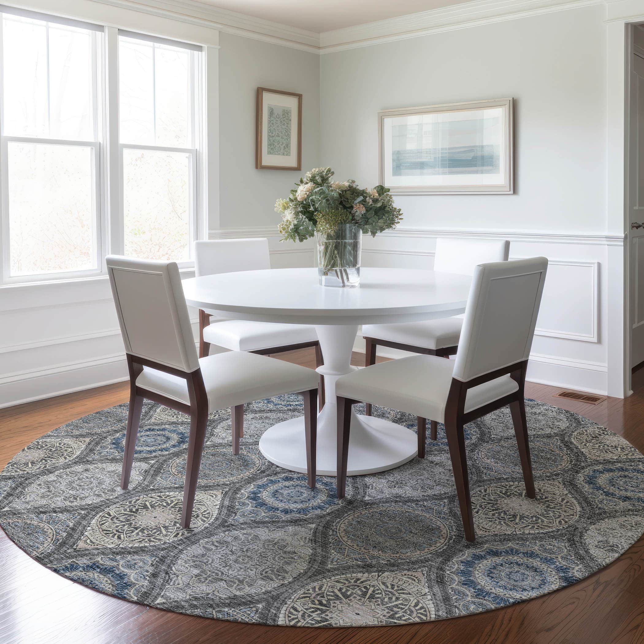 Luxury Washable Indoor/Outdoor transitional SL1 Gray Rug 8' x 8' #shape_Round
