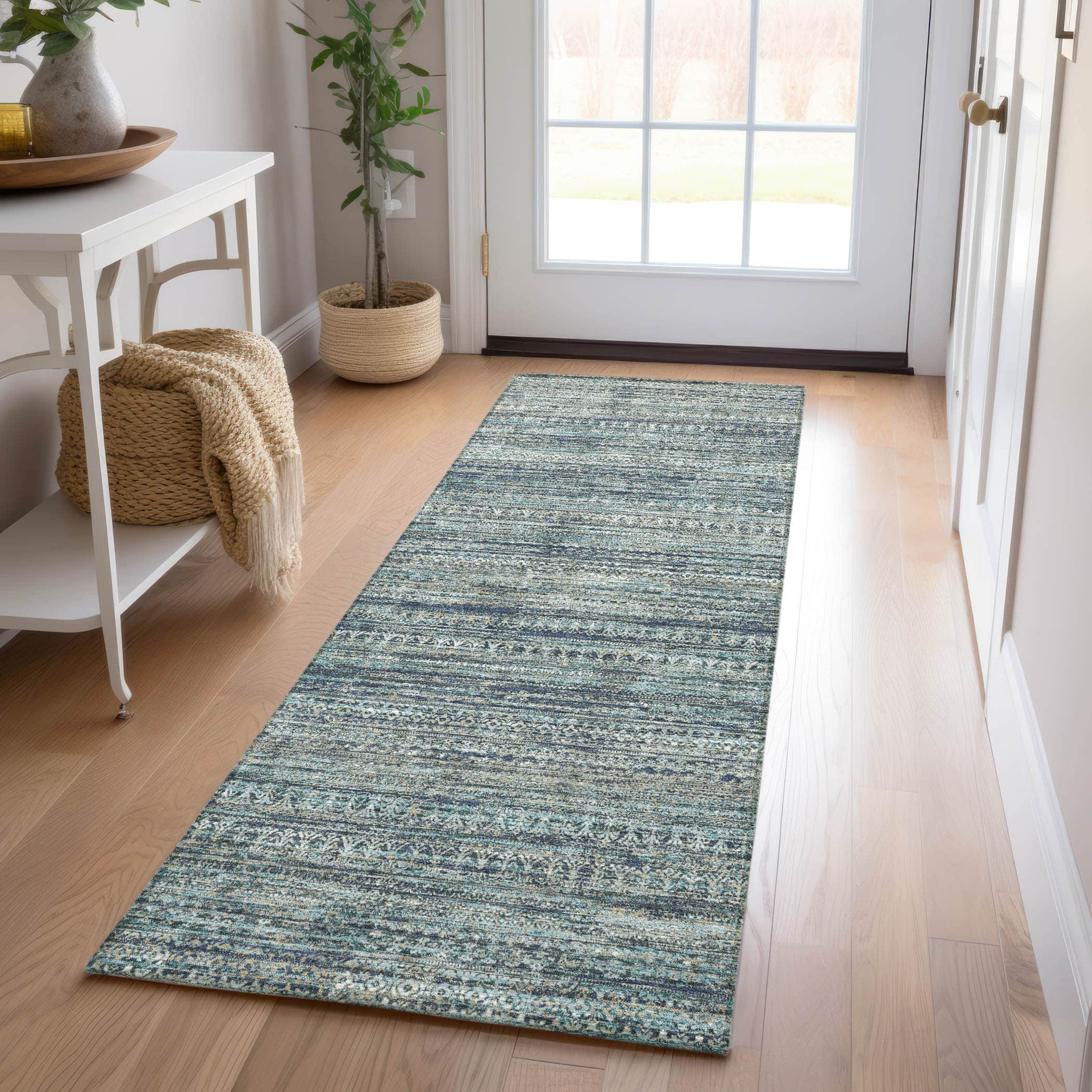Luxury Washable Indoor/Outdoor transitional SL3 Teal Rug 2'3" x 7'6" #shape_Runner
