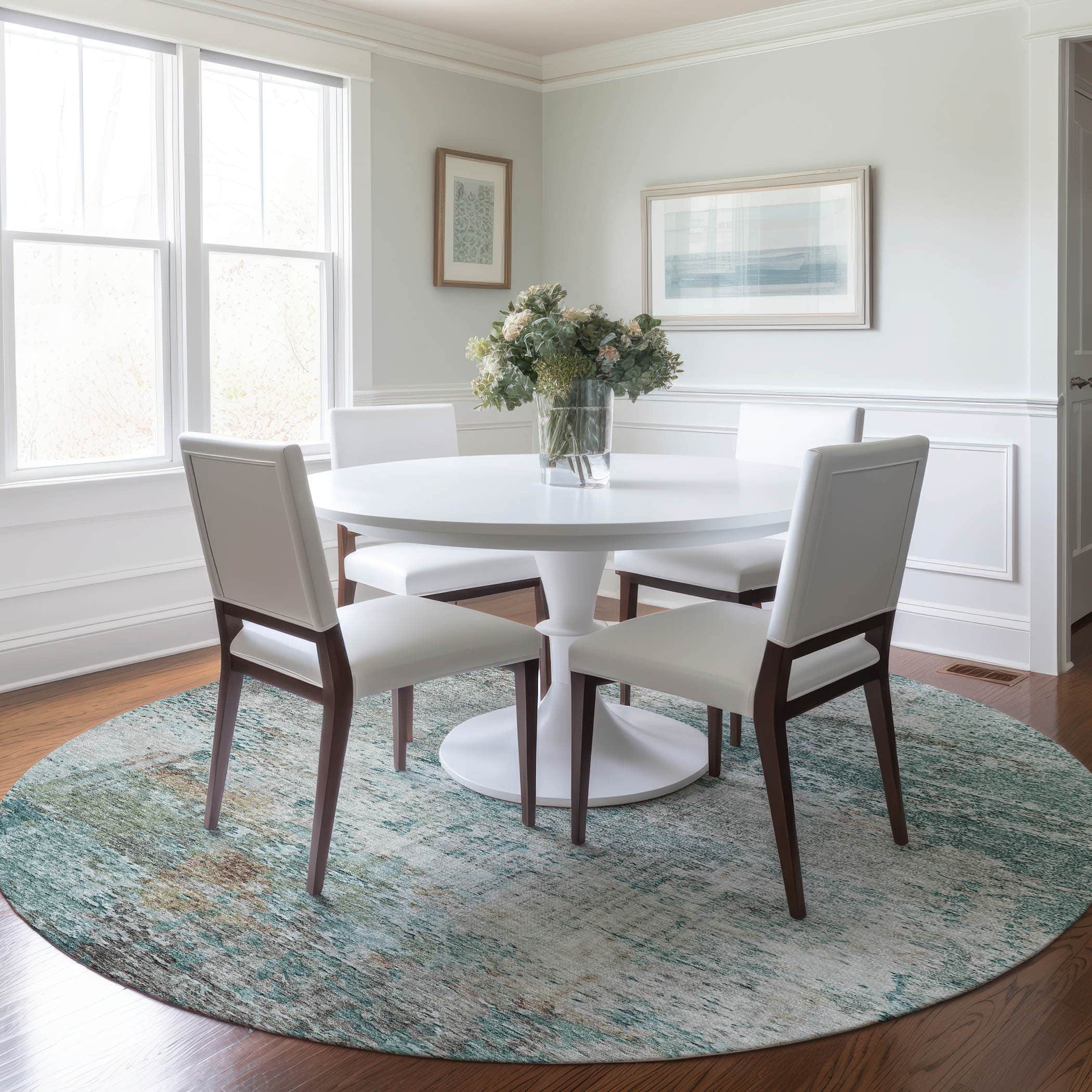 Luxury Washable Indoor/Outdoor transitional SL5 Teal Rug 8' x 8' #shape_Round