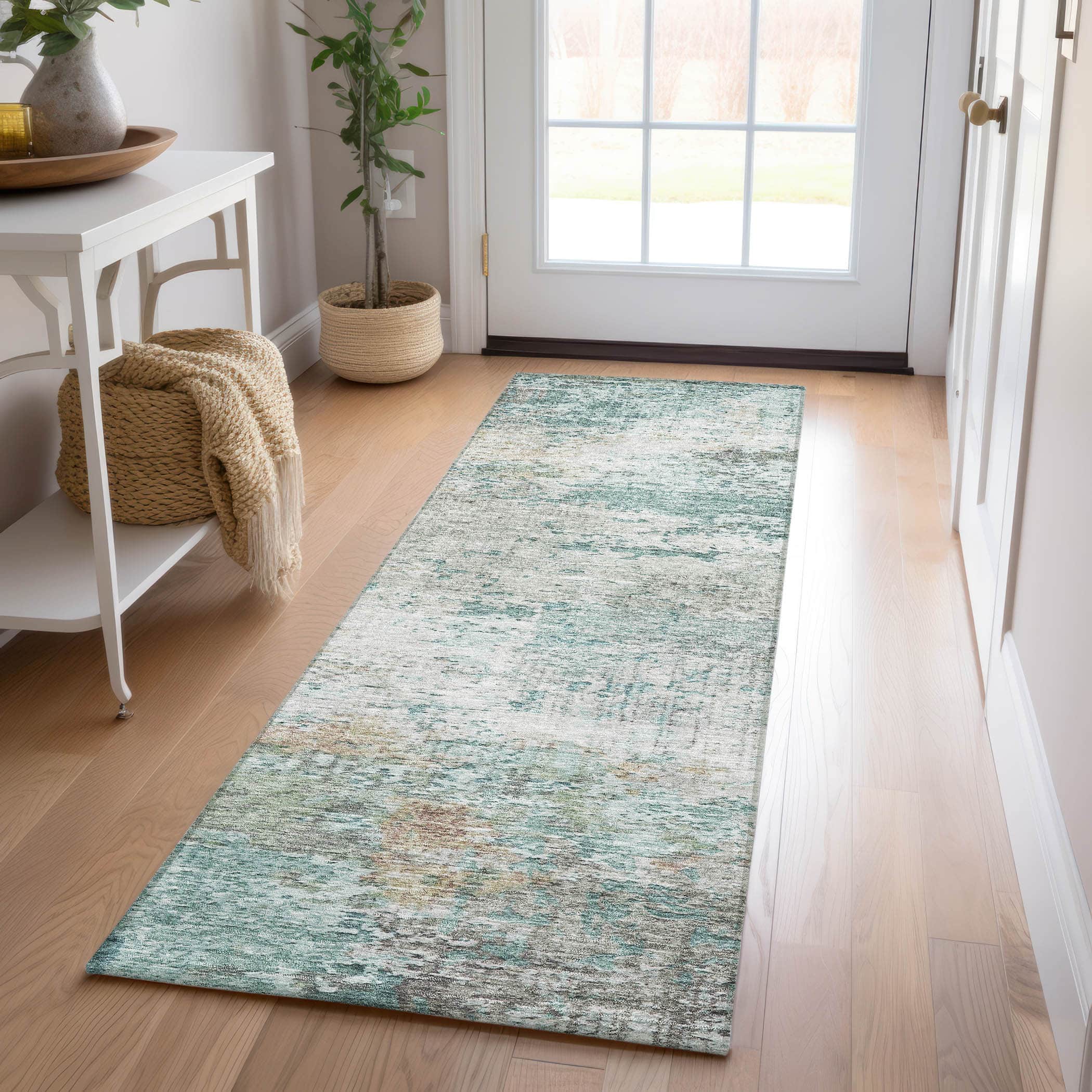 Luxury Washable Indoor/Outdoor transitional SL5 Teal Rug 2'3" x 7'6" #shape_Runner