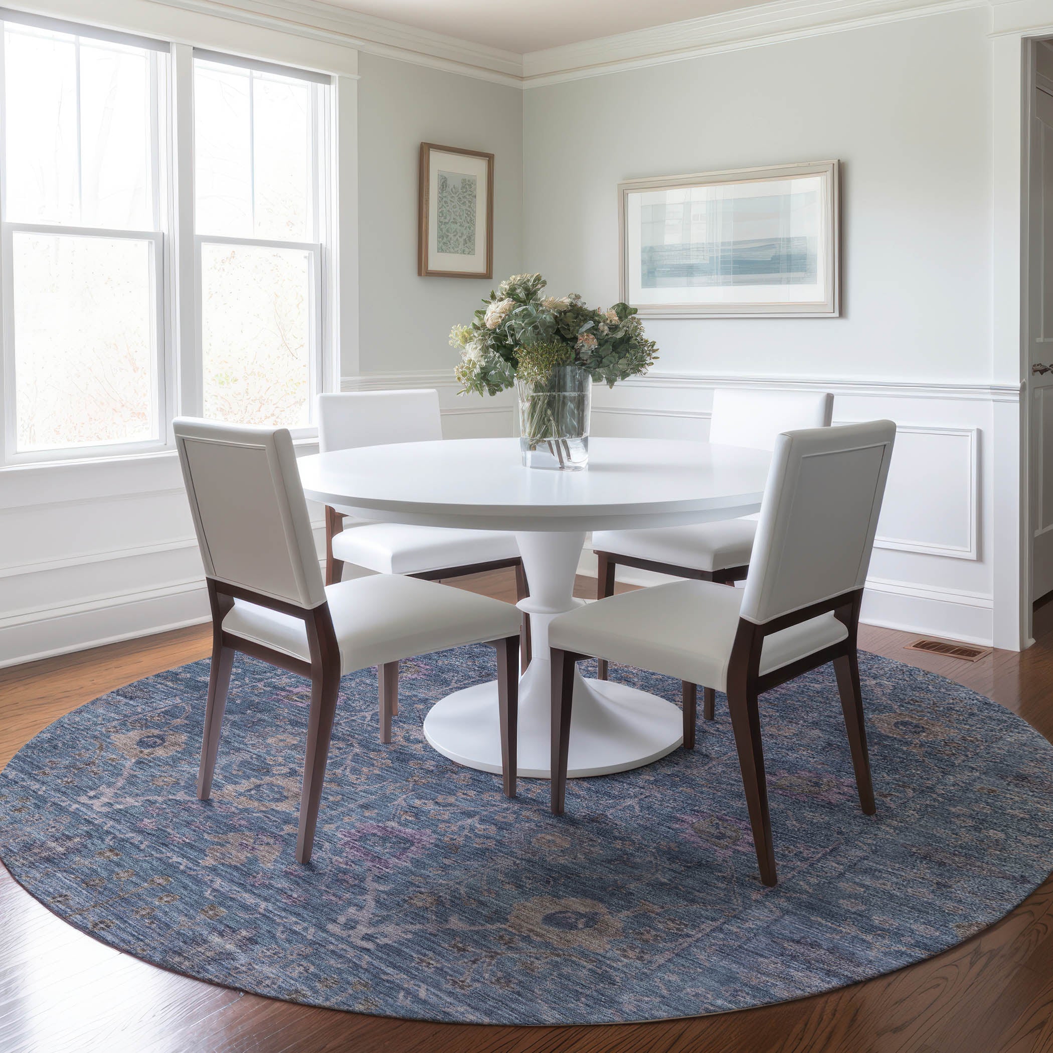 Luxury Washable Indoor/Outdoor traditional SL9 Denim Blue Rug 8' x 8' #shape_Round