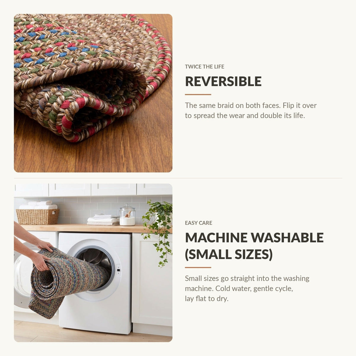 Reversible and machine washable in small sizes - Portsmouth braided rug features