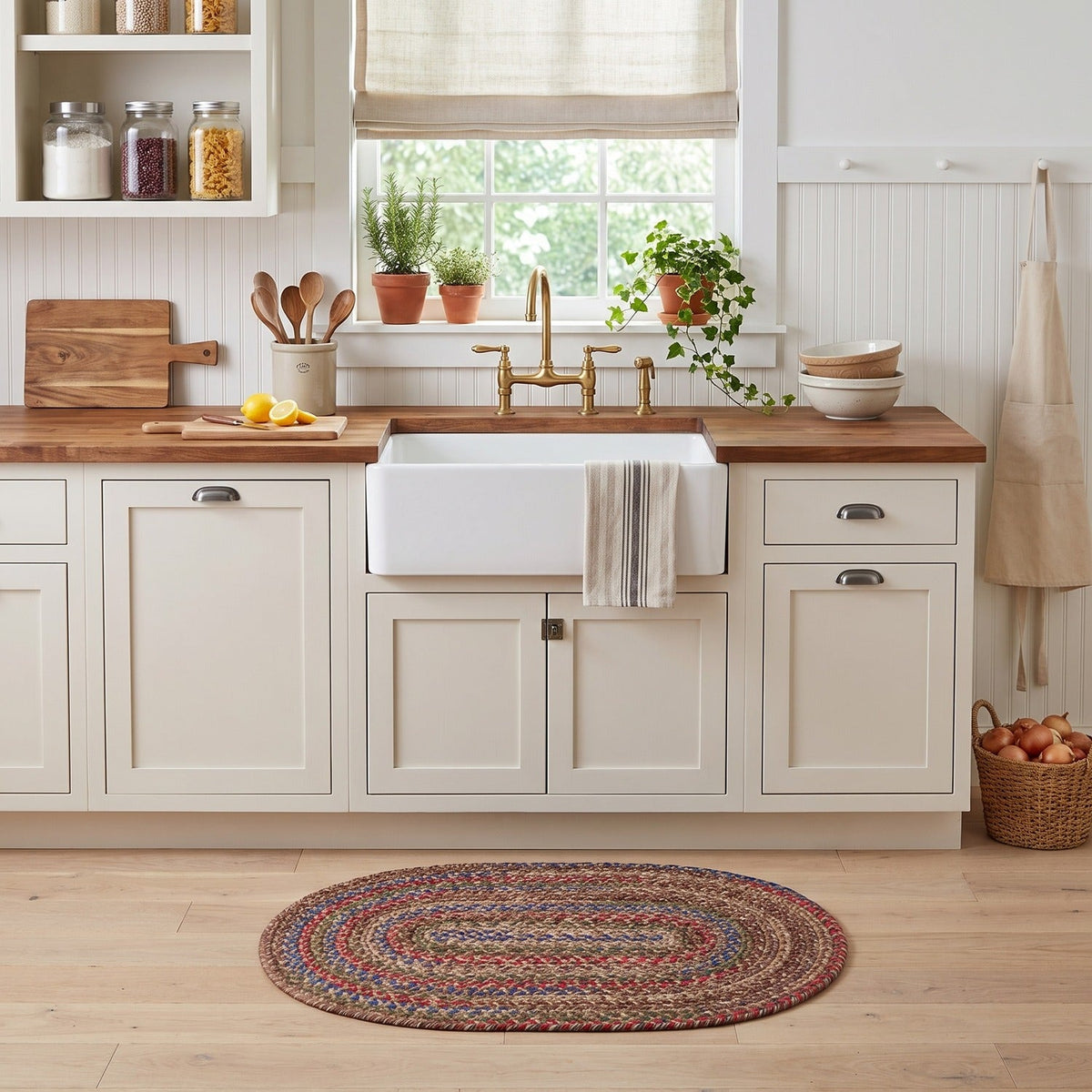 Brown Portsmouth braided rug, 2x3 oval, at a farmhouse kitchen sink #Size_2' x 3' Oval