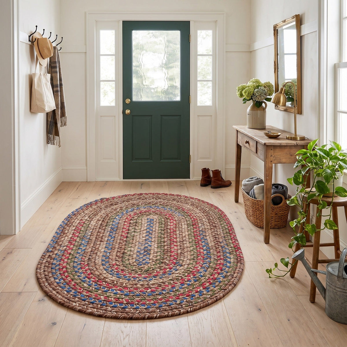 Brown Portsmouth braided rug, 3x5 oval, in a farmhouse entry hall #Size_3' x 5' Oval