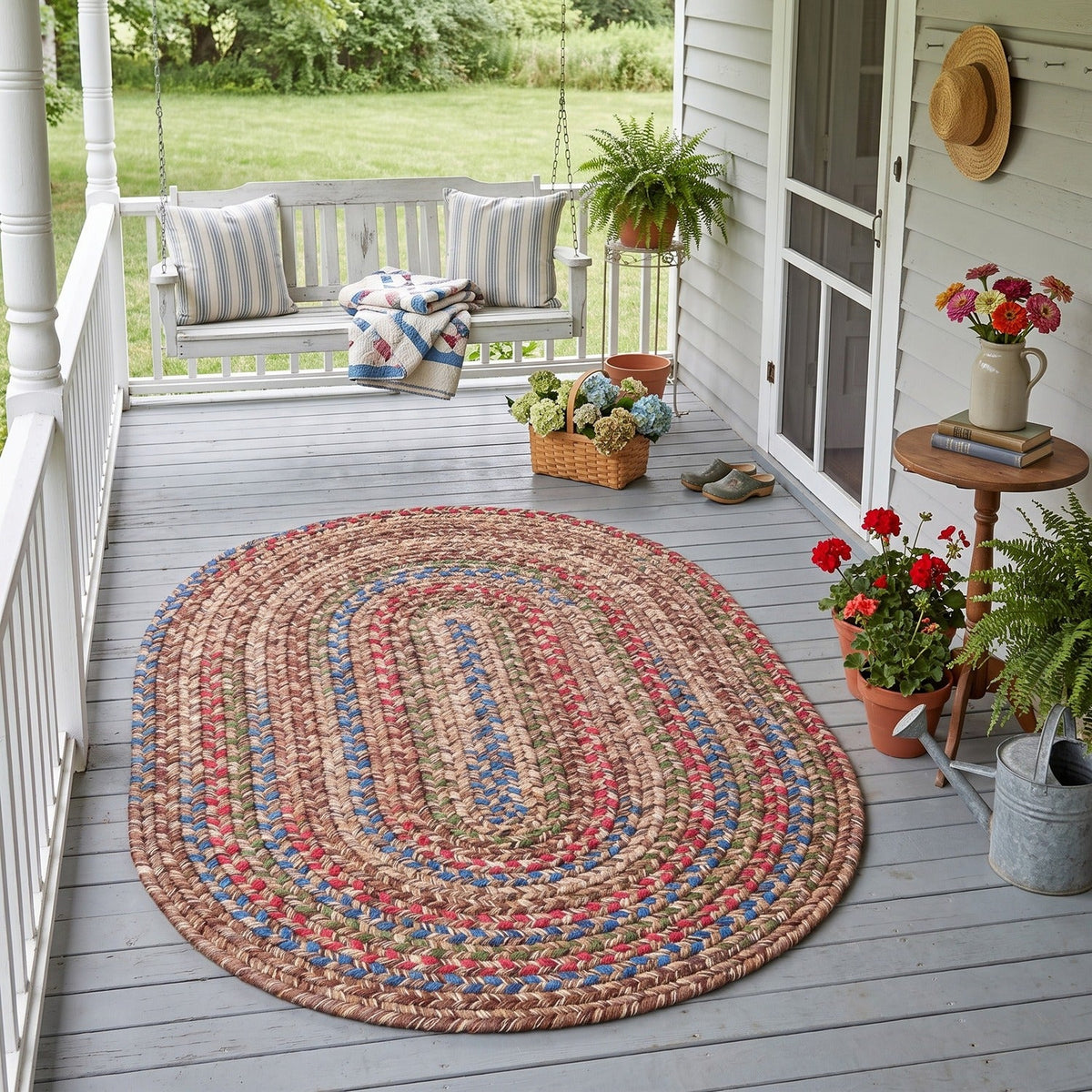 Brown Portsmouth braided rug, 4x6 oval, on a covered front porch #Size_4' x 6' Oval