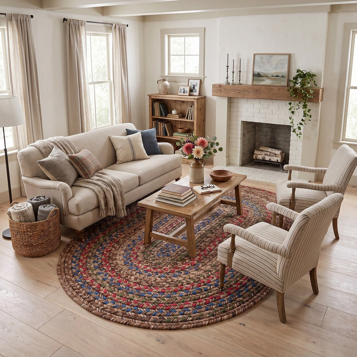 Brown Portsmouth braided rug, 5x8 oval, in a farmhouse living room #Size_5' x 8' Oval