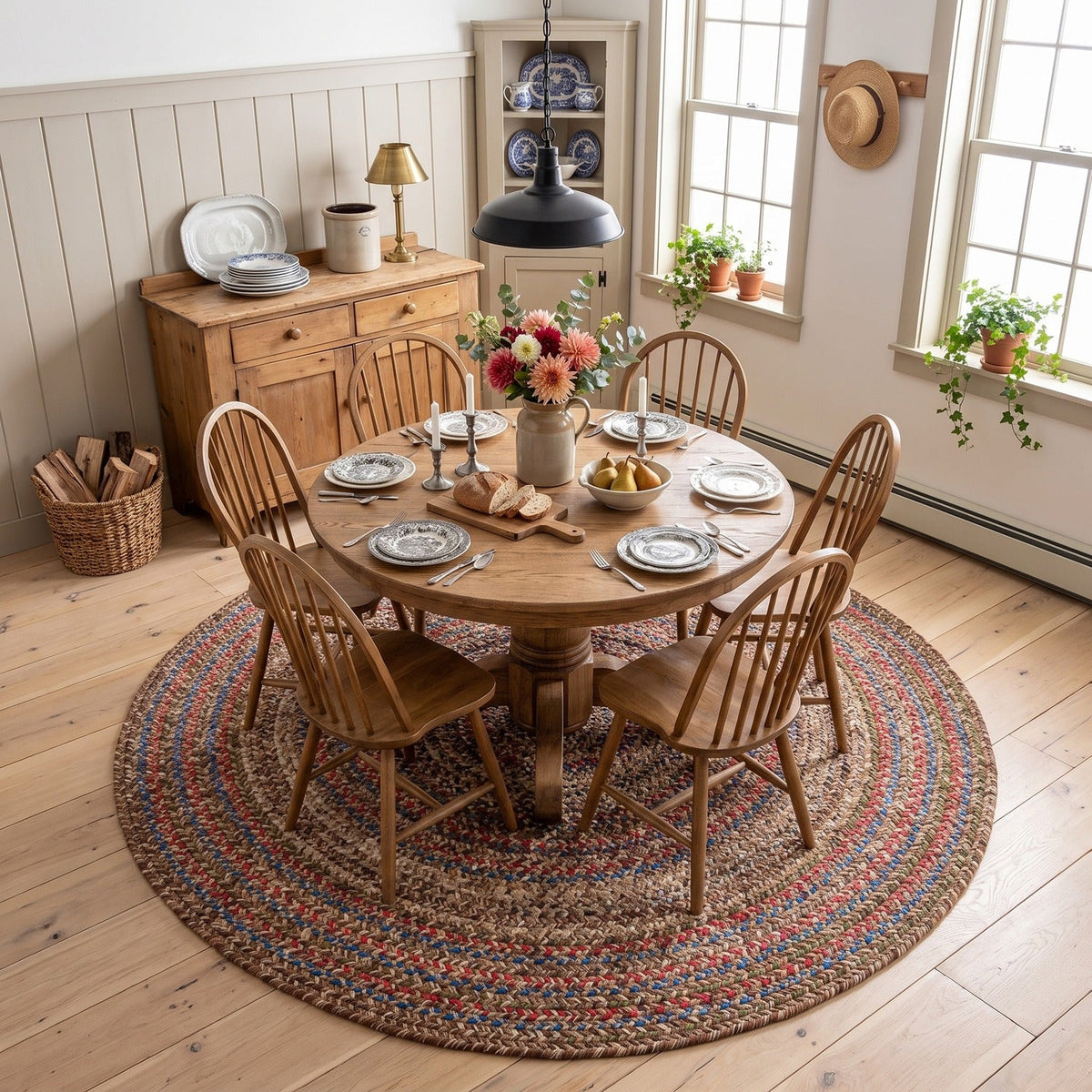 Brown Portsmouth braided rug, 6 foot round, under a round dining table #Size_6' Round