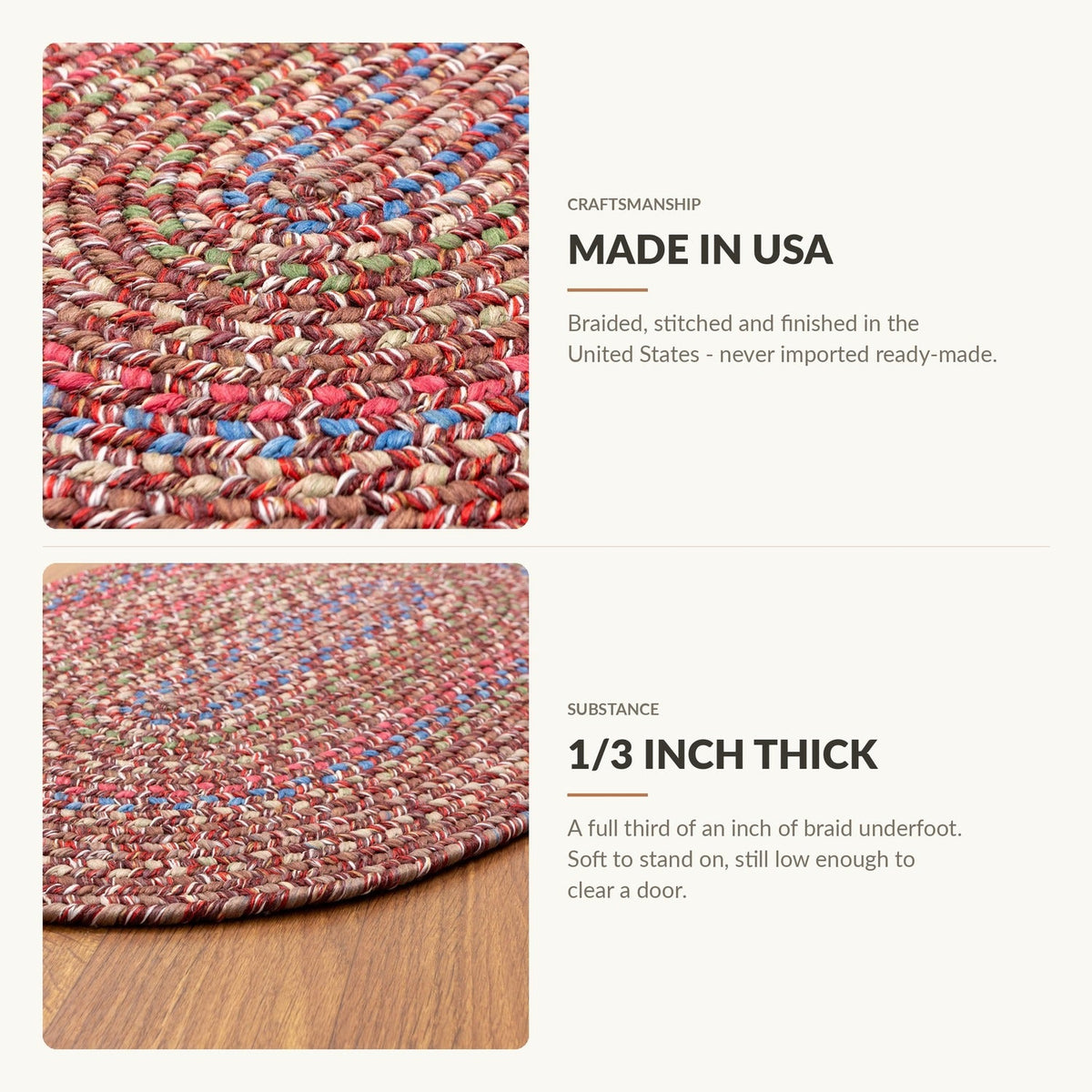 Made in USA and 1/3 inch thick - Portsmouth braided rug features