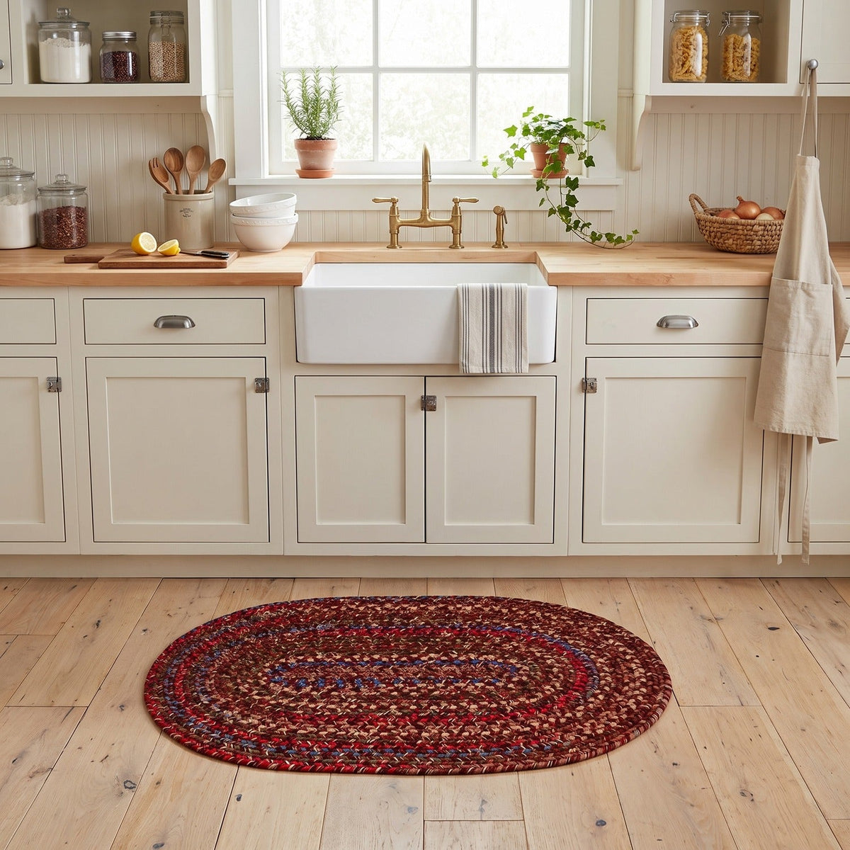 Burgundy & Green Portsmouth braided rug, 2x3 oval, at a farmhouse kitchen sink #Size_2' x 3' Oval