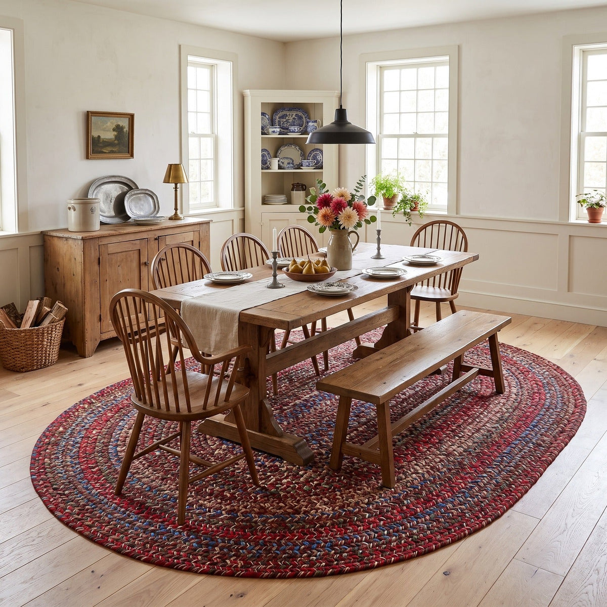 Burgundy & Green Portsmouth braided rug, 8x10 oval, in a farmhouse dining room #Size_8' x 10' Oval