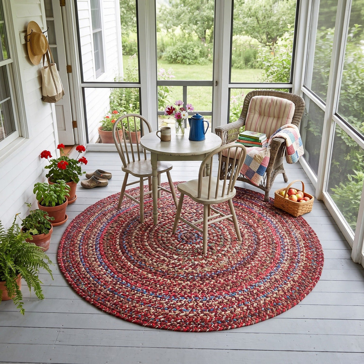 Burgundy & Green Portsmouth braided rug, 4 foot round, on a screened back porch #Size_4' Round