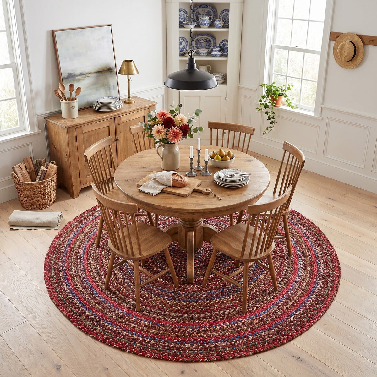 Burgundy & Green Portsmouth braided rug, 6 foot round, under a round dining table #Size_6' Round