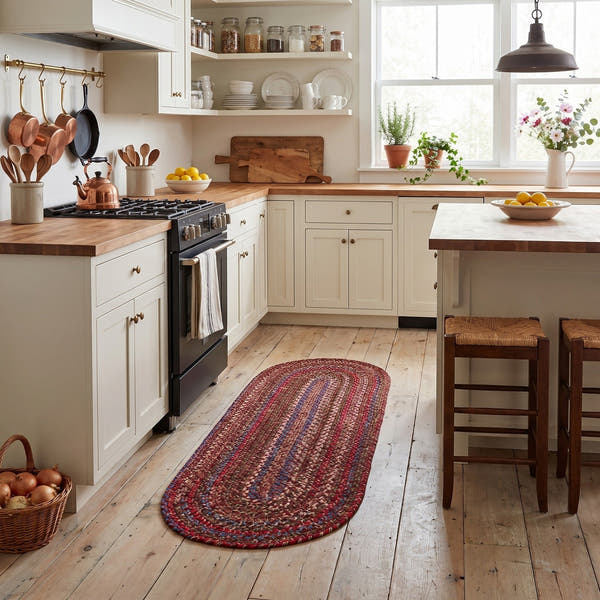Burgundy & Green Portsmouth braided rug, 2x6 runner, in a galley kitchen #Size_2' x 6' Runner