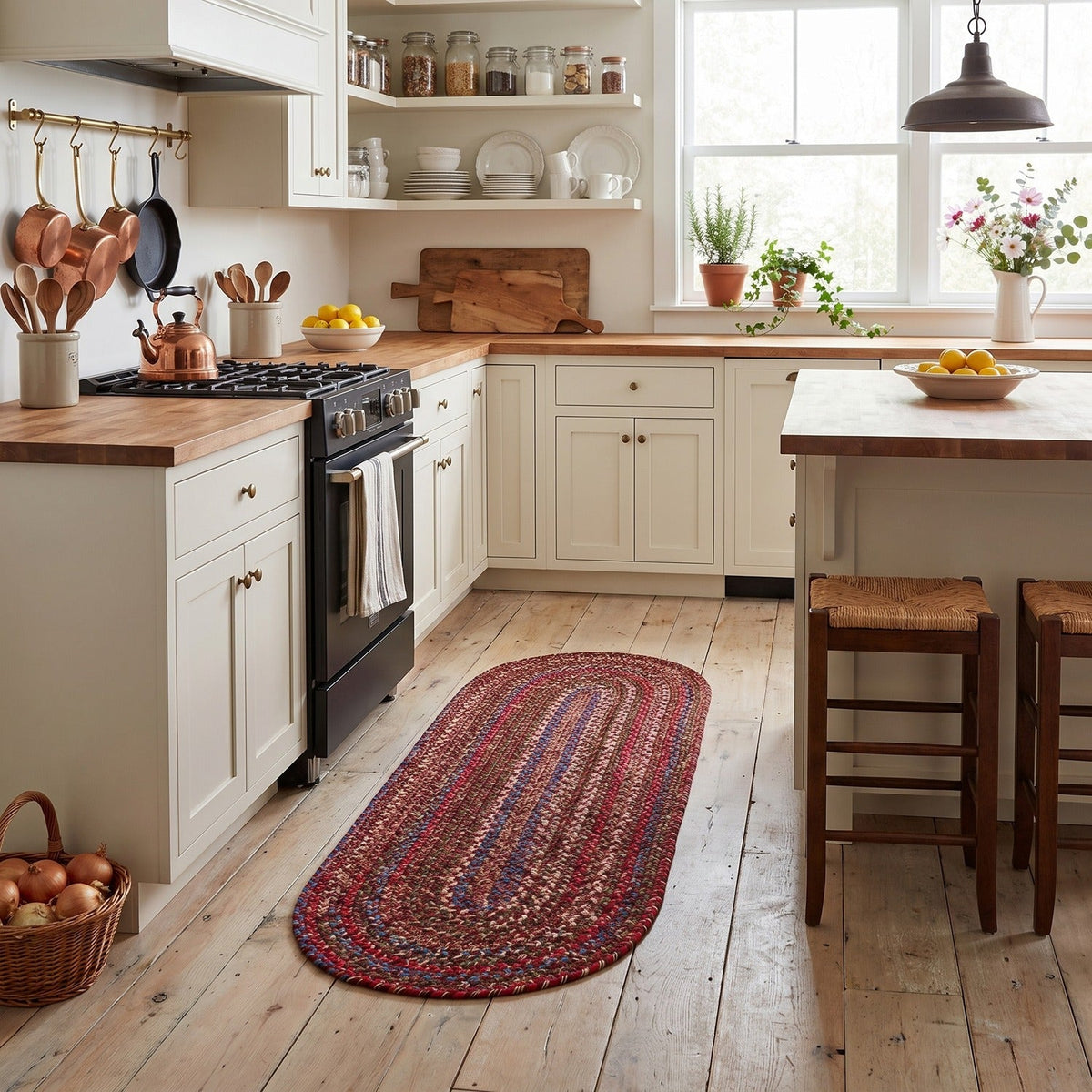 Burgundy & Green Portsmouth braided rug, 2x6 runner, in a galley kitchen #Size_2' x 6' Runner