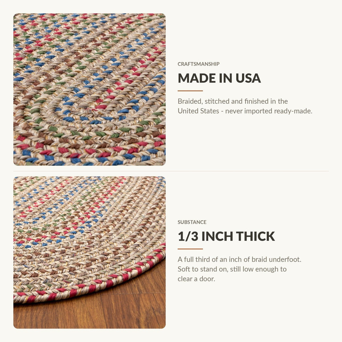 Made in USA and 1/3 inch thick - Portsmouth braided rug features