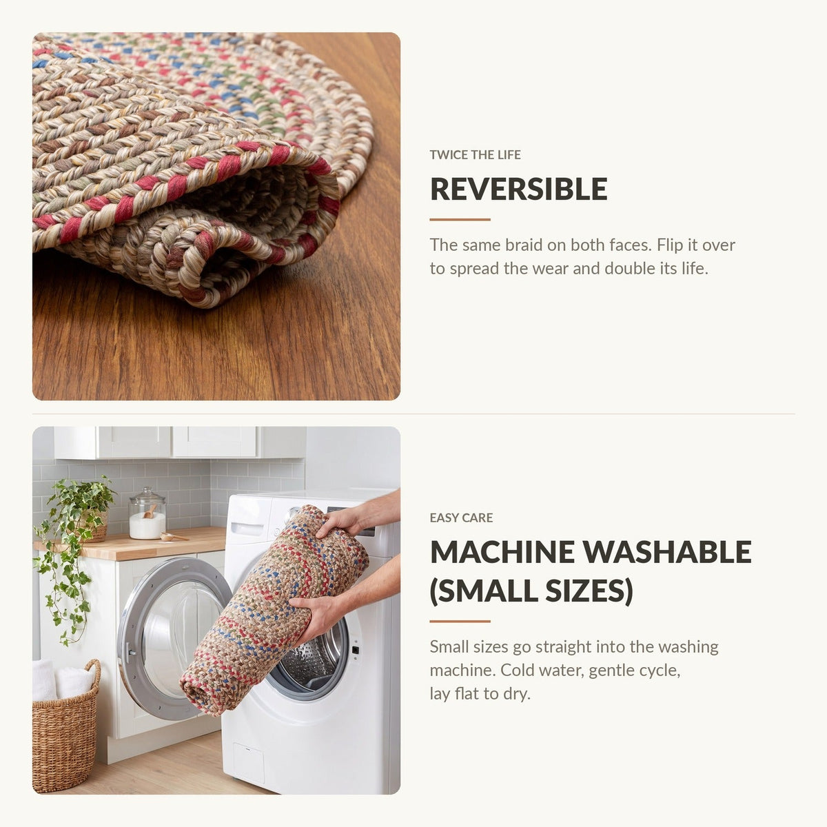 Reversible and machine washable in small sizes - Portsmouth braided rug features