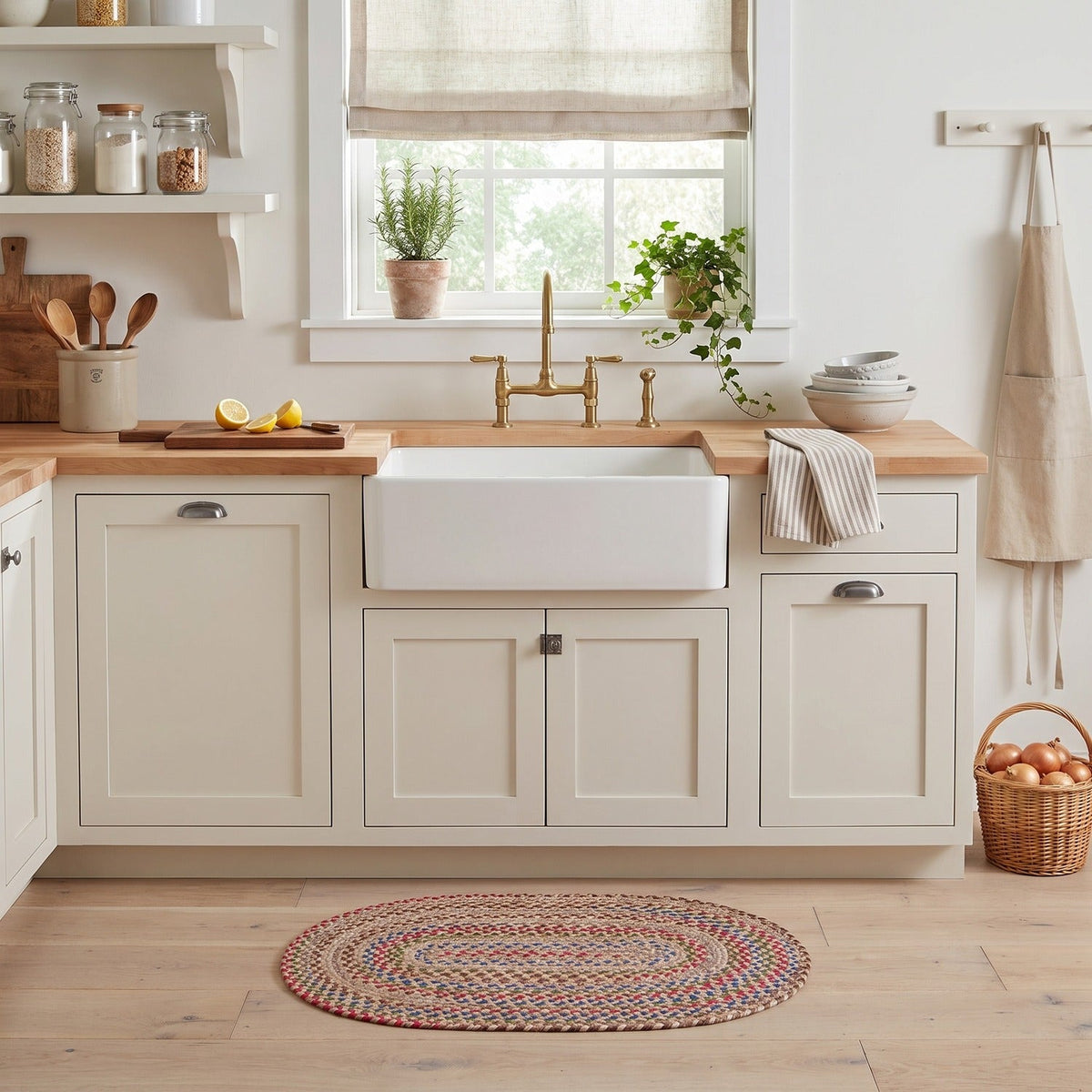 Sandy Beige Portsmouth braided rug, 2x3 oval, at a farmhouse kitchen sink #Size_2' x 3' Oval