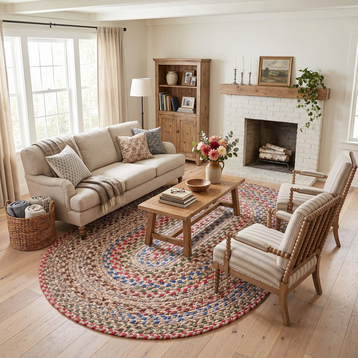 Sandy Beige Portsmouth braided rug, 5x8 oval, in a farmhouse living room #Size_5' x 8' Oval