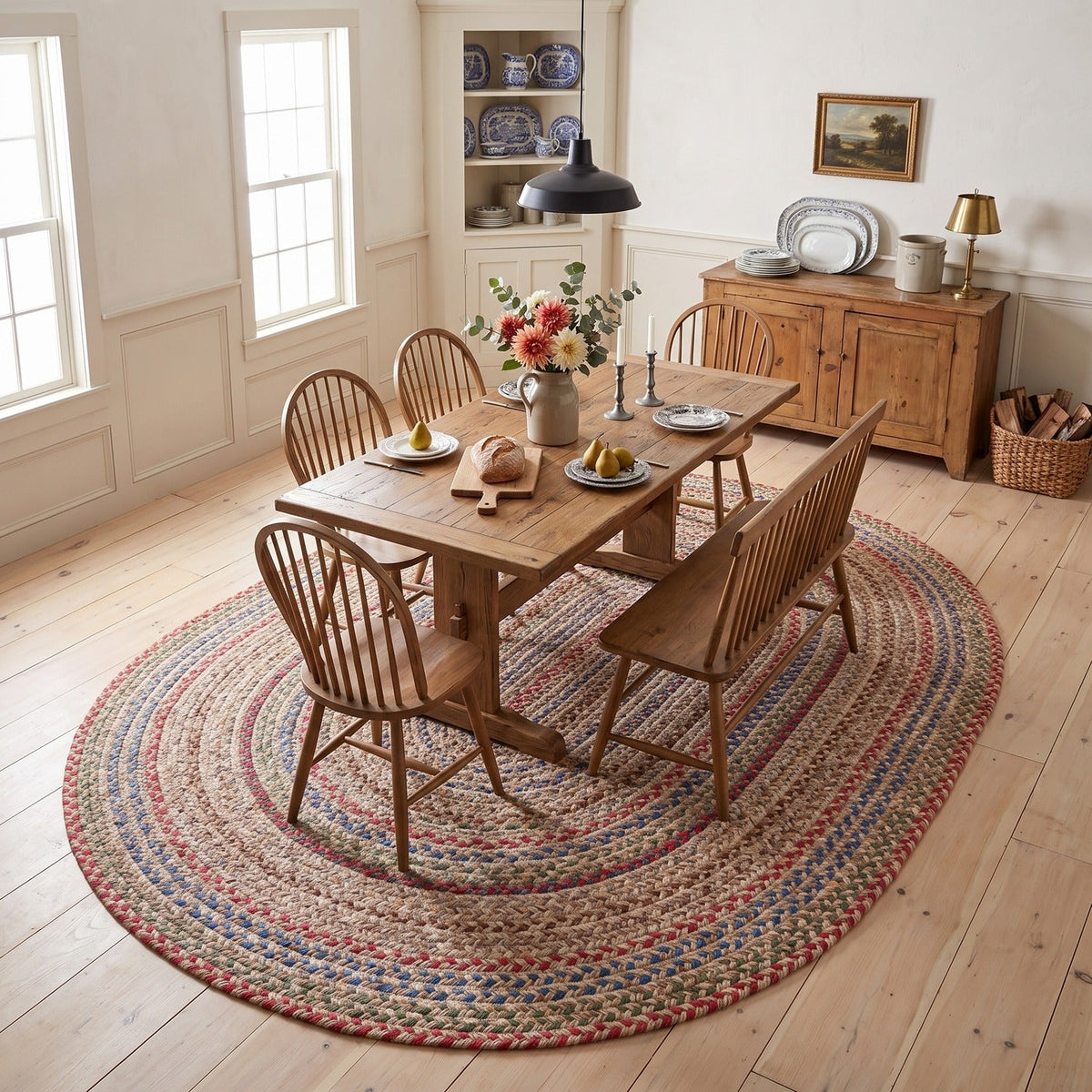 Sandy Beige Portsmouth braided rug, 8x10 oval, in a farmhouse dining room #Size_8' x 10' Oval