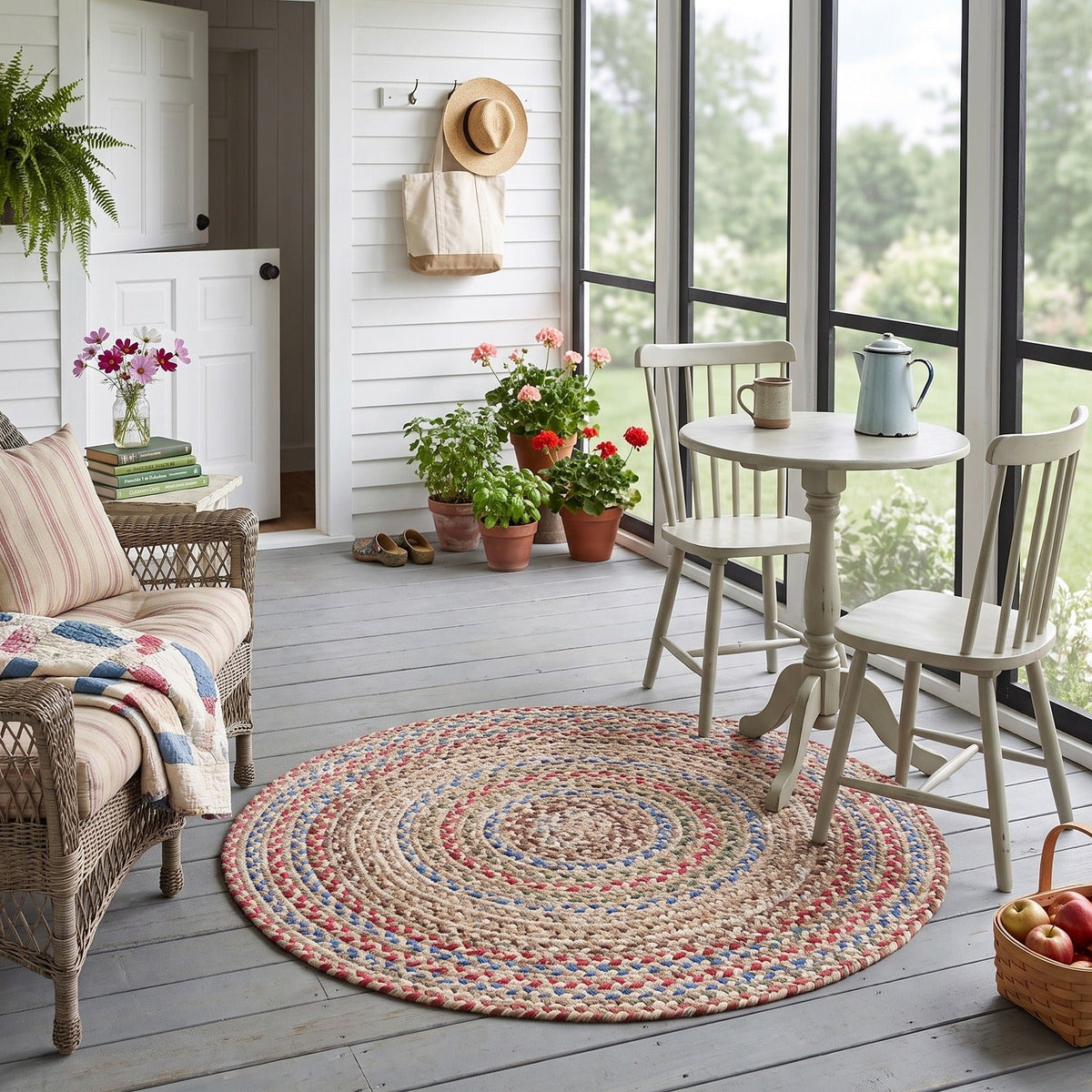 Sandy Beige Portsmouth braided rug, 4 foot round, on a screened back porch #Size_4' Round
