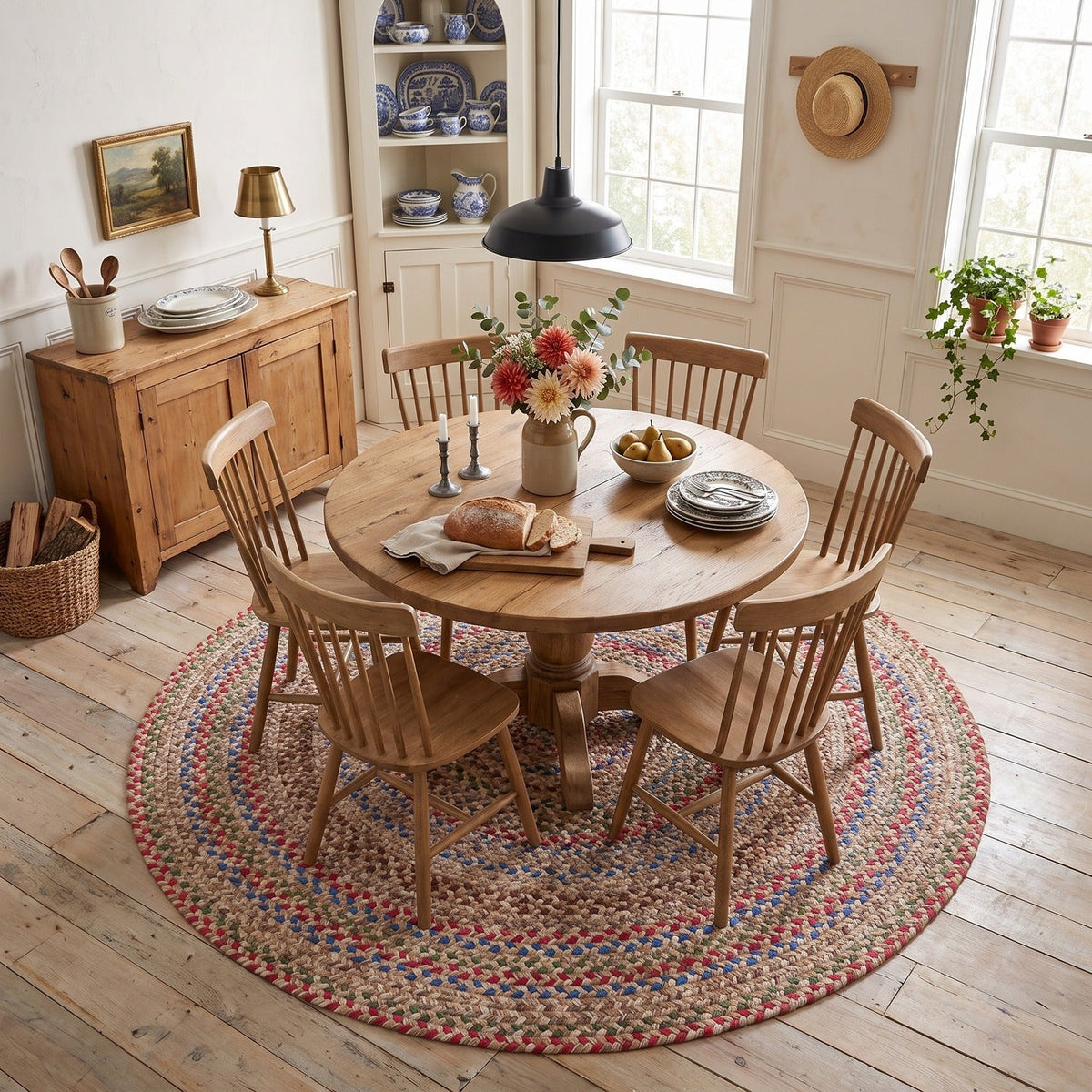 Sandy Beige Portsmouth braided rug, 6 foot round, under a round dining table #Size_6' Round