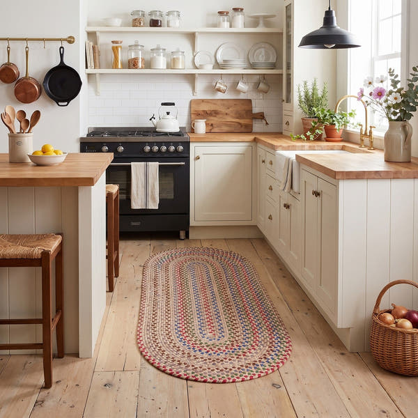 Sandy Beige Portsmouth braided rug, 2x6 runner, in a galley kitchen #Size_2' x 6' Runner