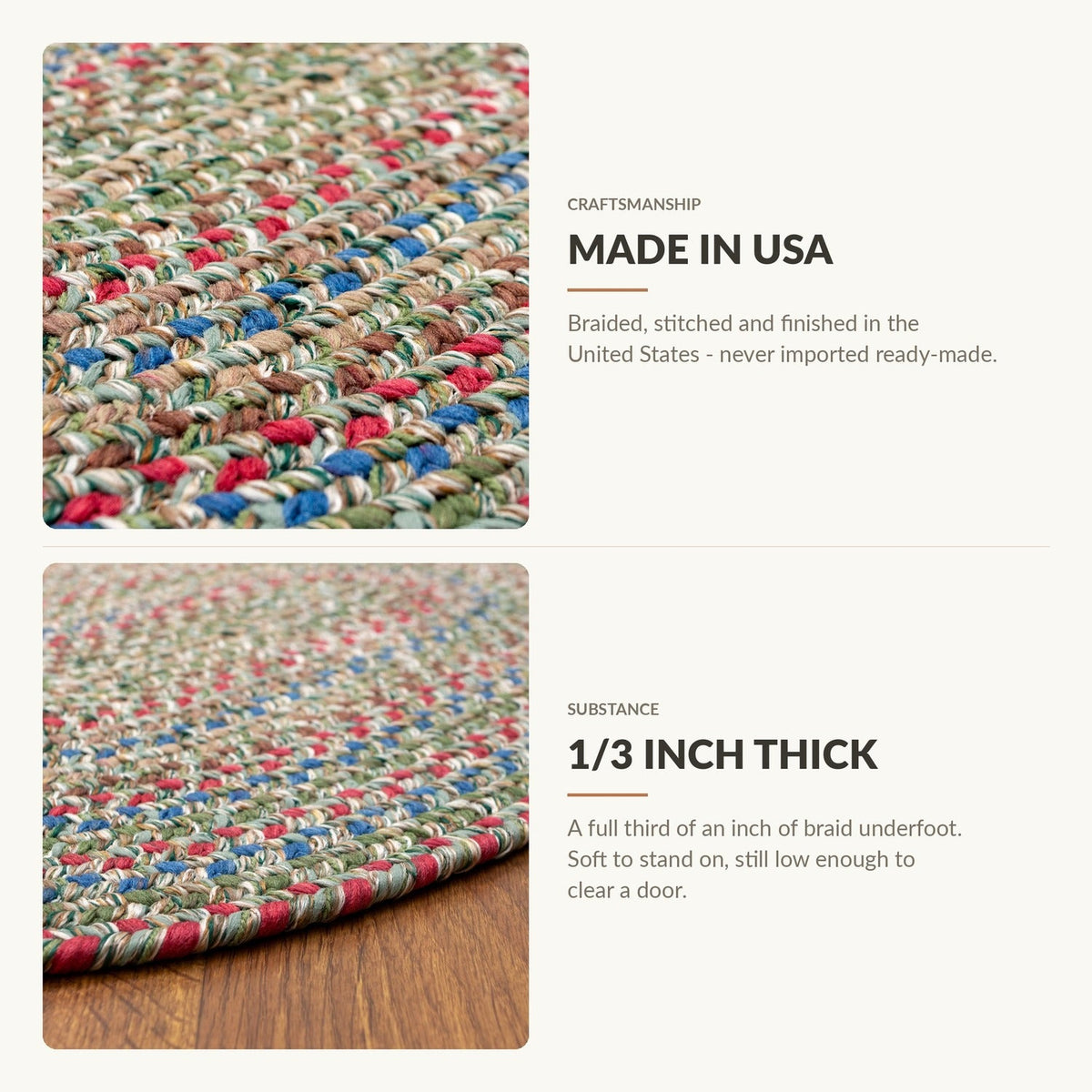 Made in USA and 1/3 inch thick - Portsmouth braided rug features