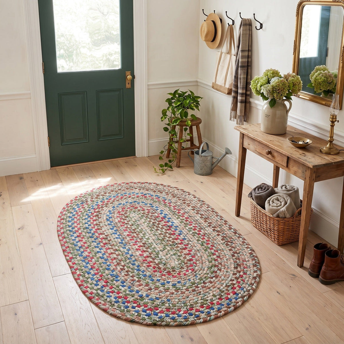 Moss Green Portsmouth braided rug, 3x5 oval, in a farmhouse entry hall #Size_3' x 5' Oval