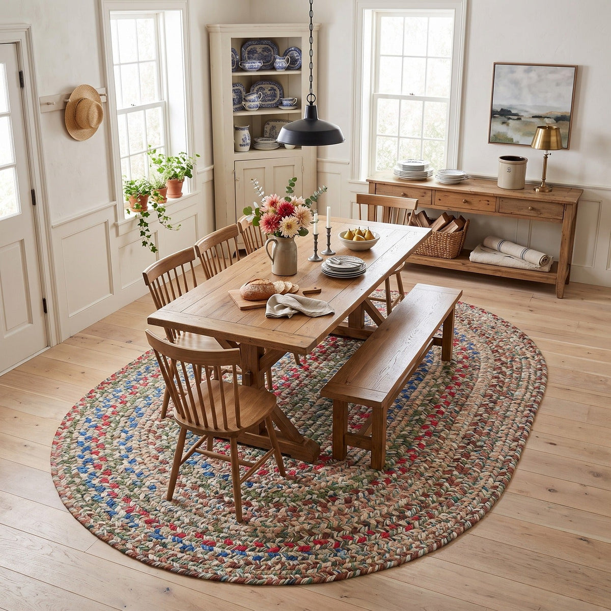 Moss Green Portsmouth braided rug, 8x10 oval, in a farmhouse dining room #Size_8' x 10' Oval
