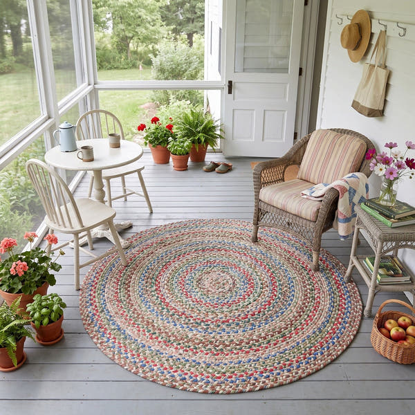 Moss Green Portsmouth braided rug, 4 foot round, on a screened back porch #Size_4' Round