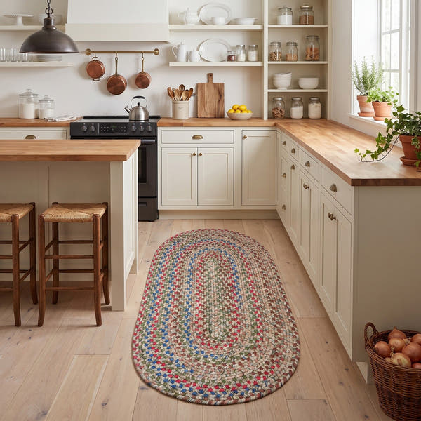 Moss Green Portsmouth braided rug, 2x6 runner, in a galley kitchen #Size_2' x 6' Runner