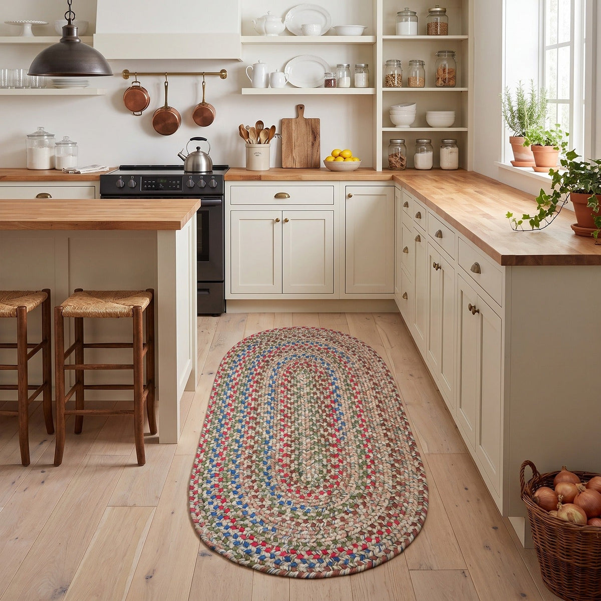 Moss Green Portsmouth braided rug, 2x6 runner, in a galley kitchen #Size_2' x 6' Runner