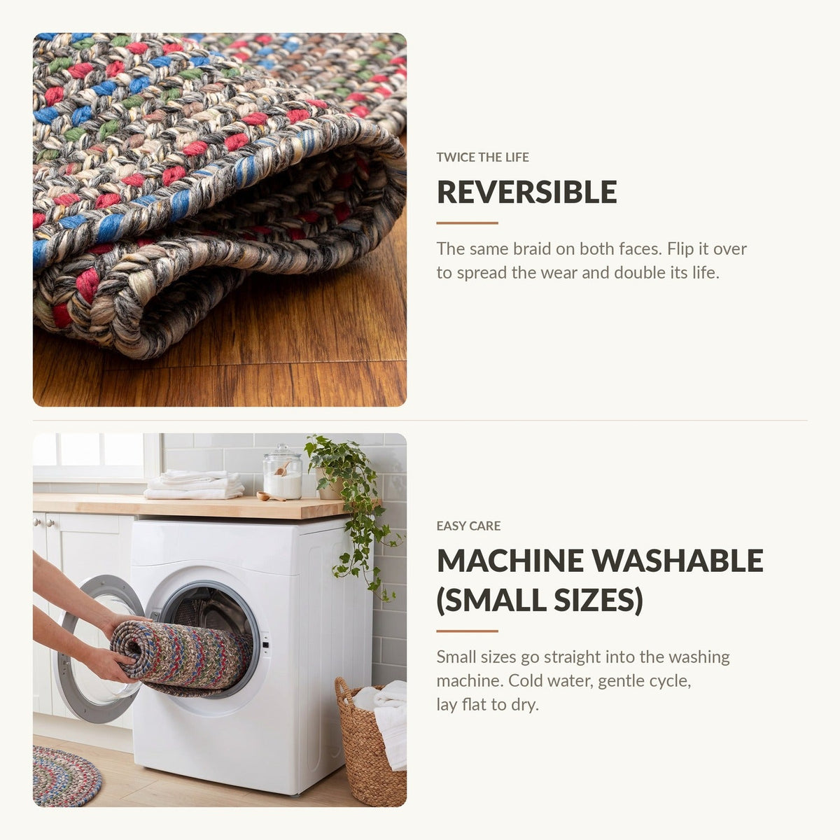 Reversible and machine washable in small sizes - Portsmouth braided rug features