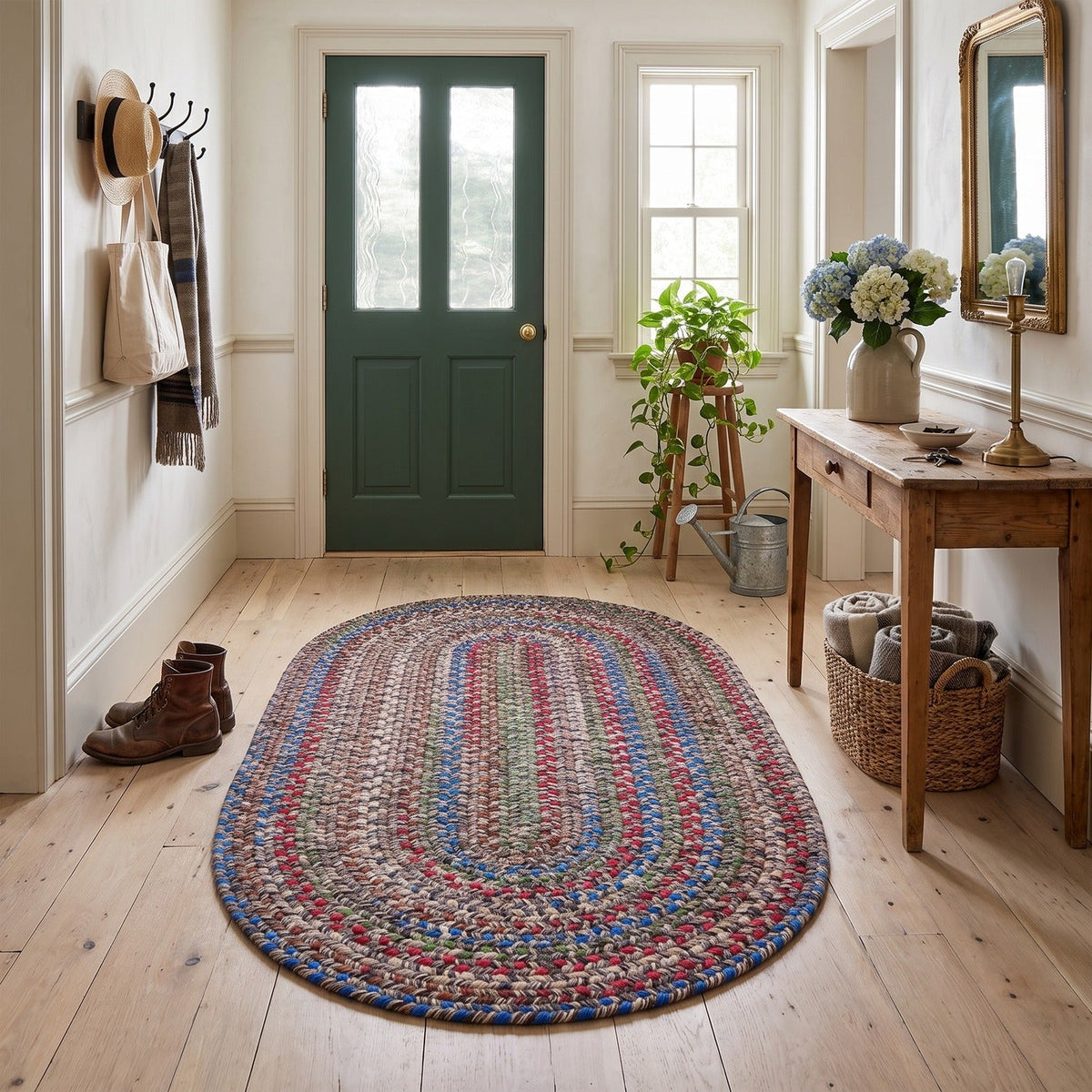 Gray & Brown Portsmouth braided rug, 3x5 oval, in a farmhouse entry hall #Size_3' x 5' Oval