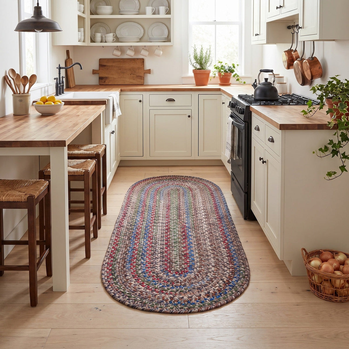 Gray & Brown Portsmouth braided rug, 2x6 runner, in a galley kitchen #Size_2' x 6' Runner