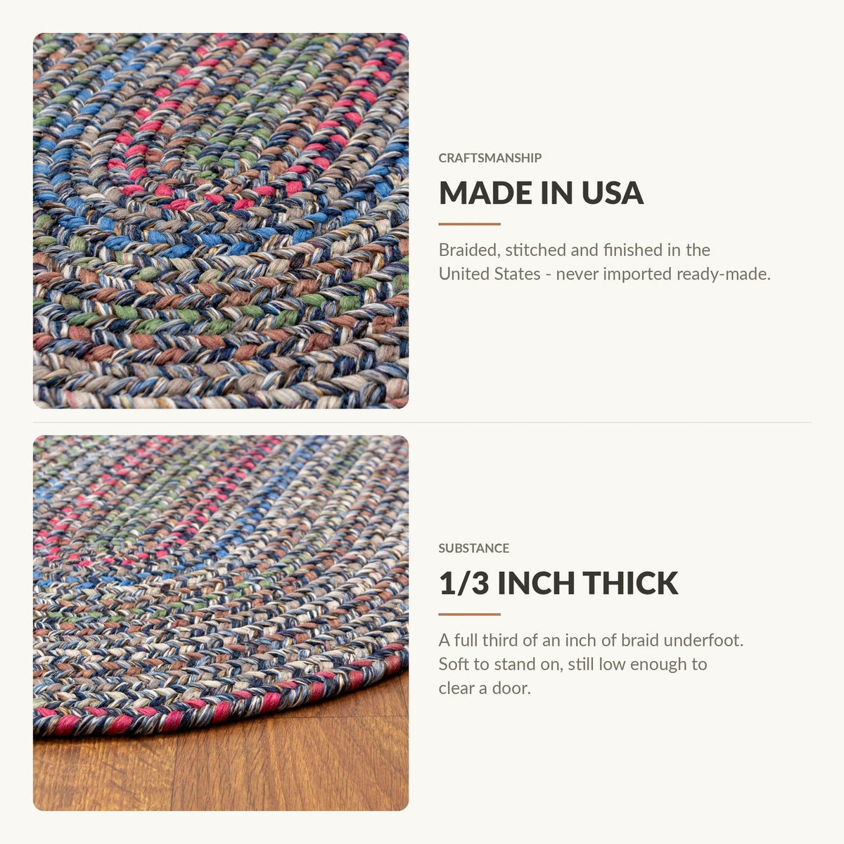 Made in USA and 1/3 inch thick - Portsmouth braided rug features