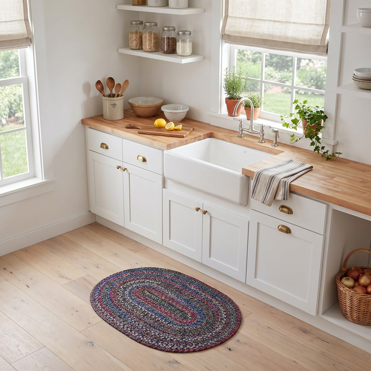 Blue Portsmouth braided rug, 2x3 oval, at a farmhouse kitchen sink #Size_2' x 3' Oval