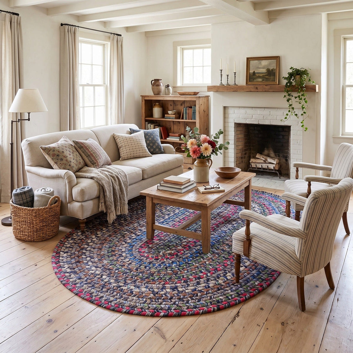 Blue Portsmouth braided rug, 5x8 oval, in a farmhouse living room #Size_5' x 8' Oval