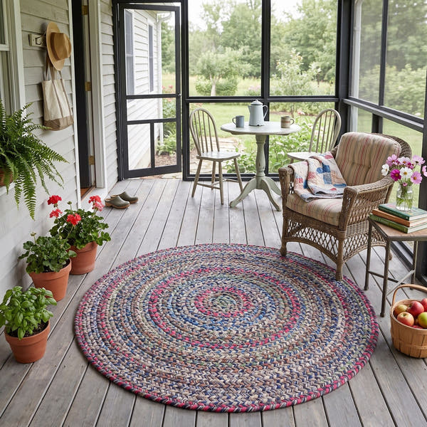 Blue Portsmouth braided rug, 4 foot round, on a screened back porch #Size_4' Round