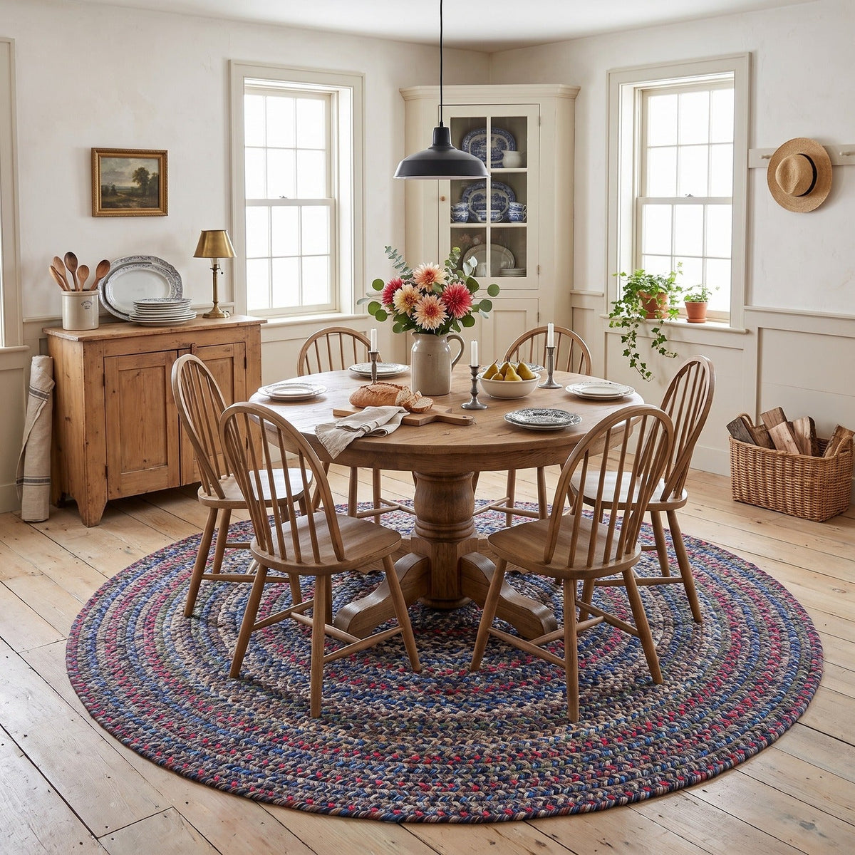 Blue Portsmouth braided rug, 6 foot round, under a round dining table #Size_6' Round
